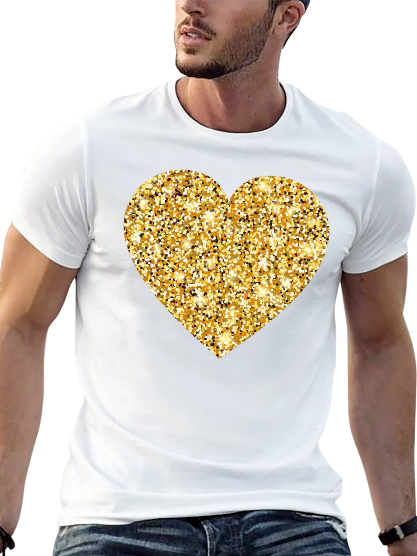 Gold Glitter Heart Black T-Shirt