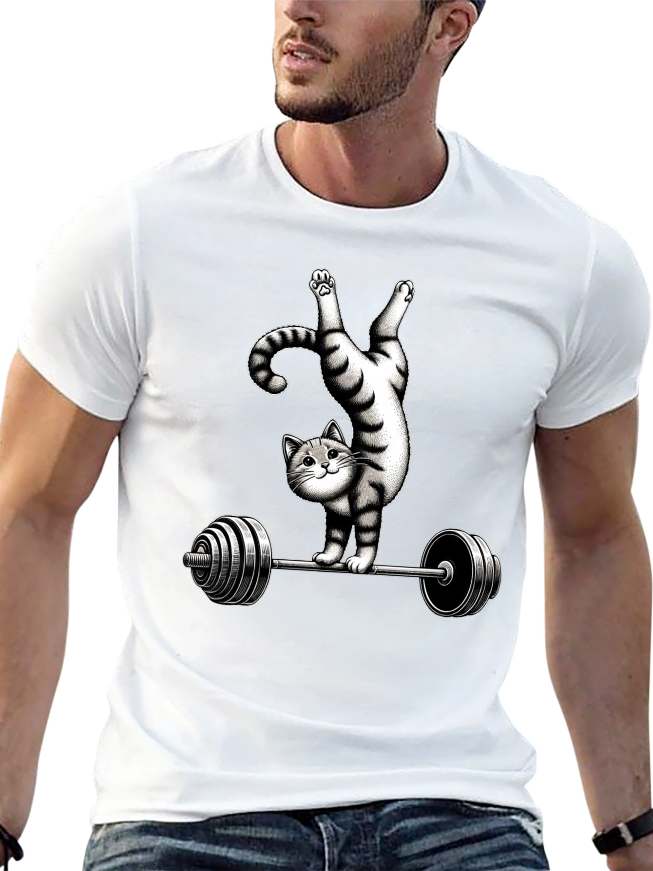 Funny Cat Lifting Barbell T-Shirt