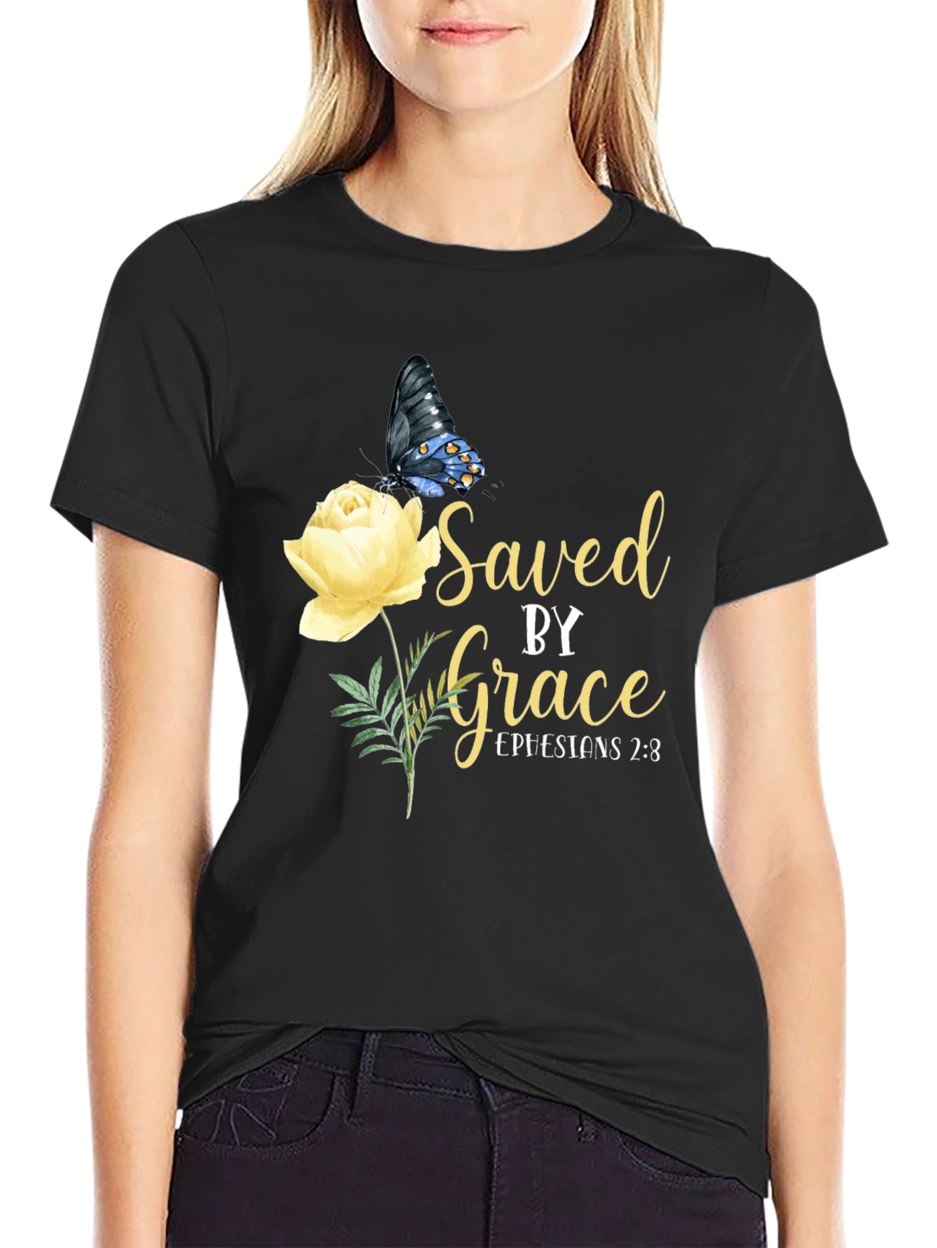 Saved By Grace T-Shirt Butterfly & Rose Design