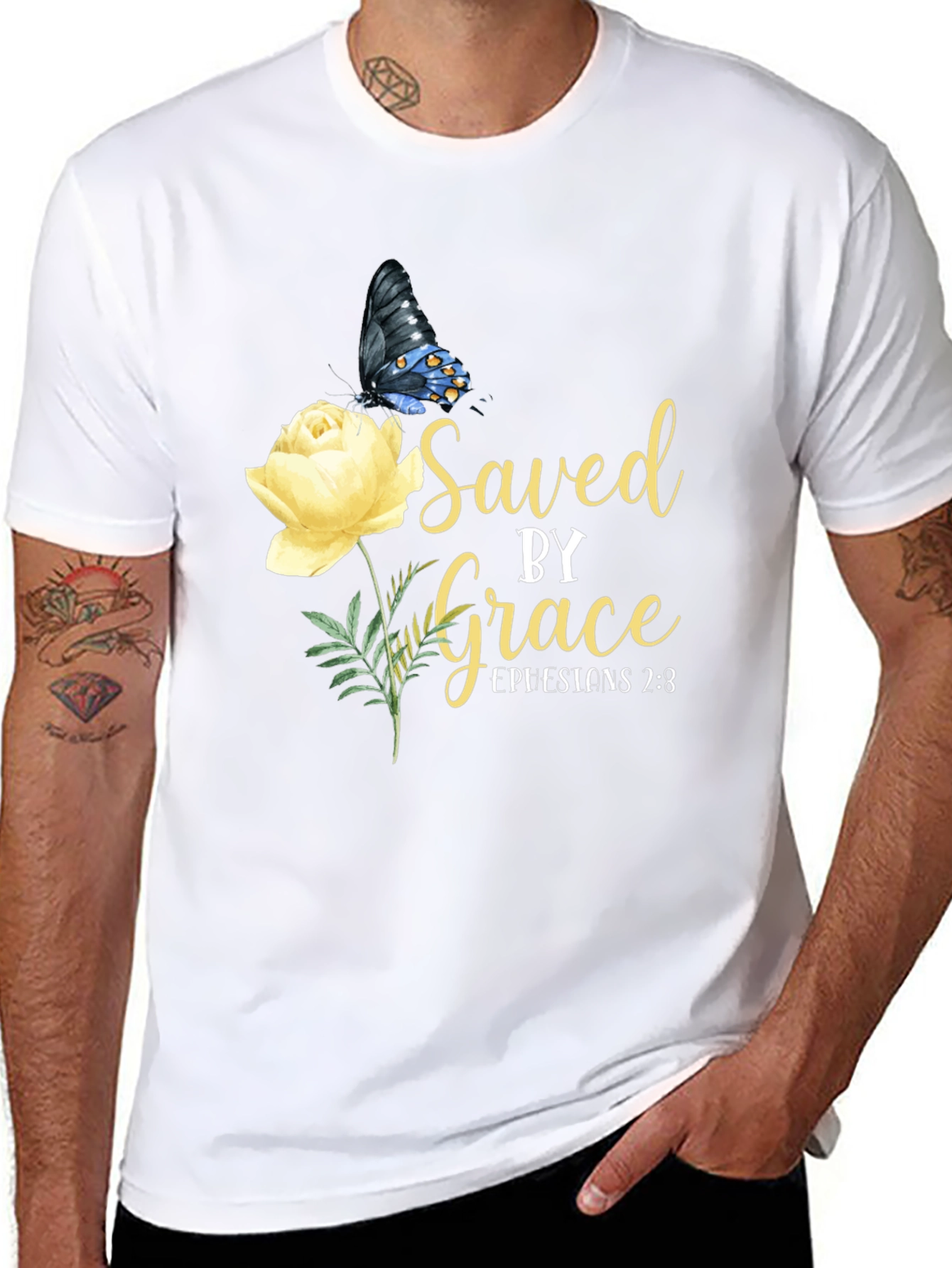 Saved By Grace T-Shirt Butterfly & Rose Design