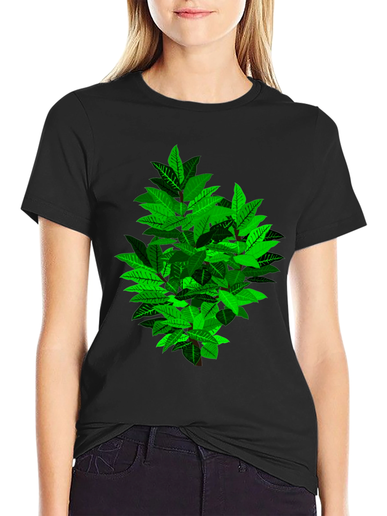 Green Leaf Bush Graphic Black T-Shirt