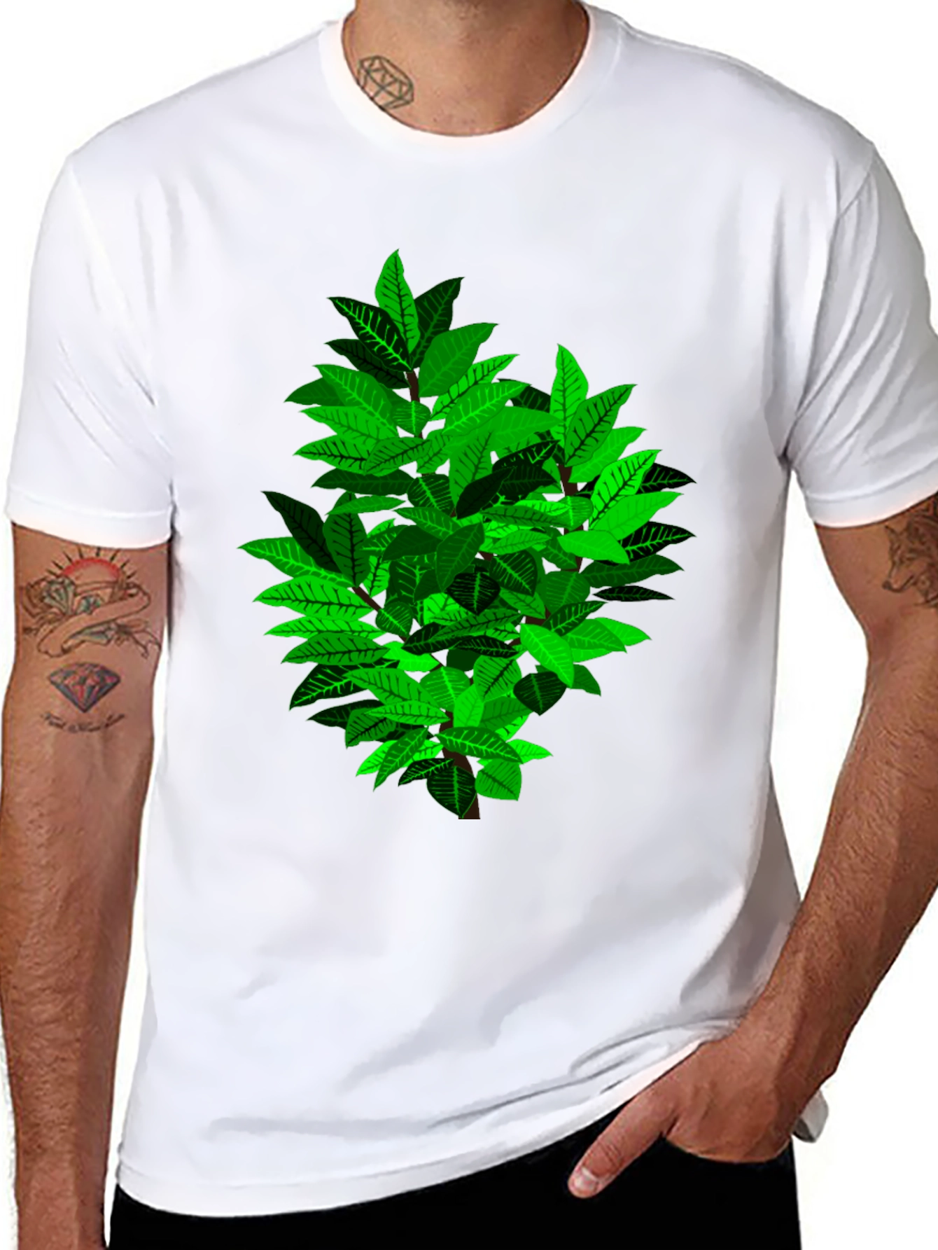 Green Leaf Bush Graphic Black T-Shirt