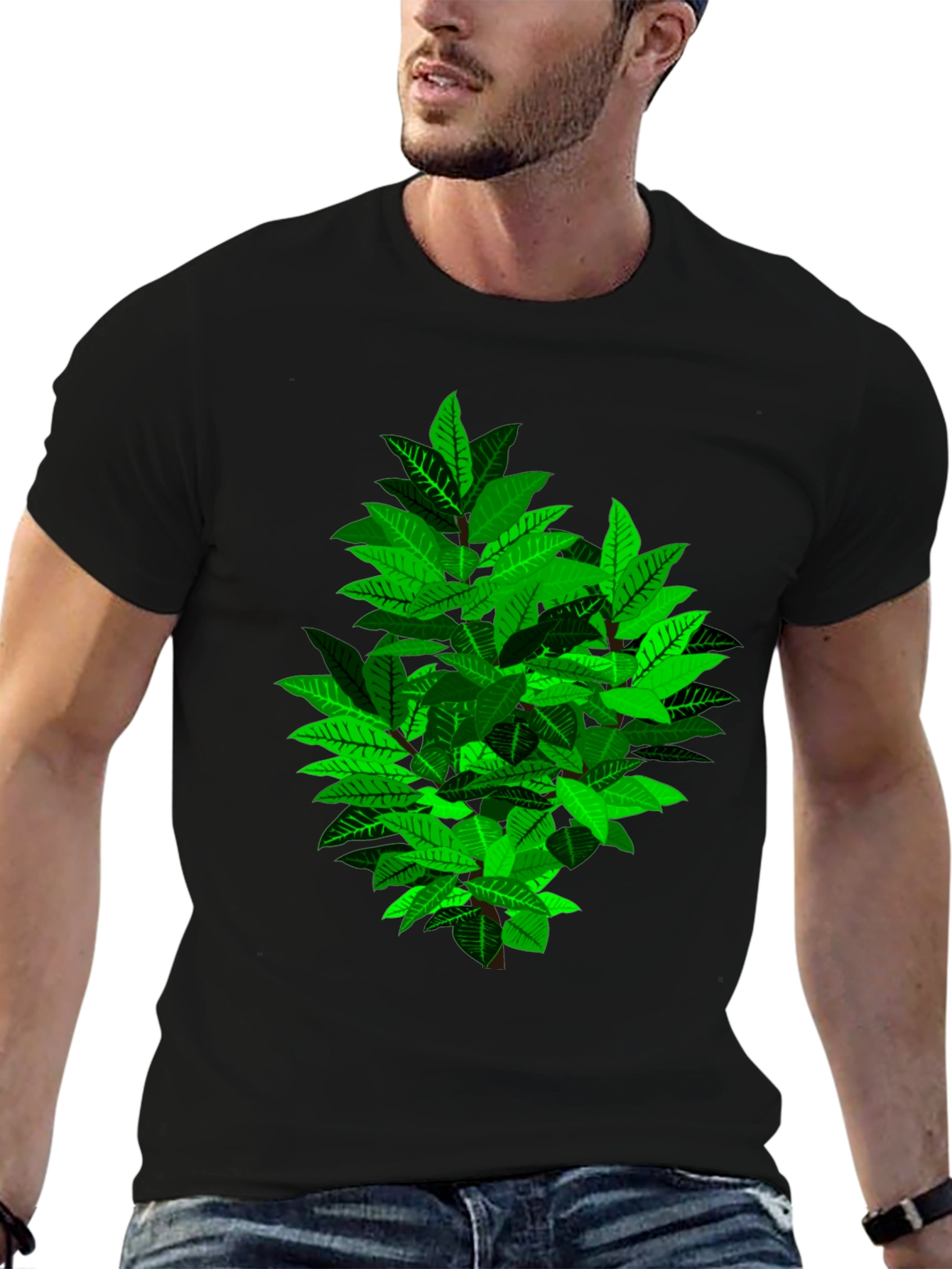 Green Leaf Bush Graphic Black T-Shirt