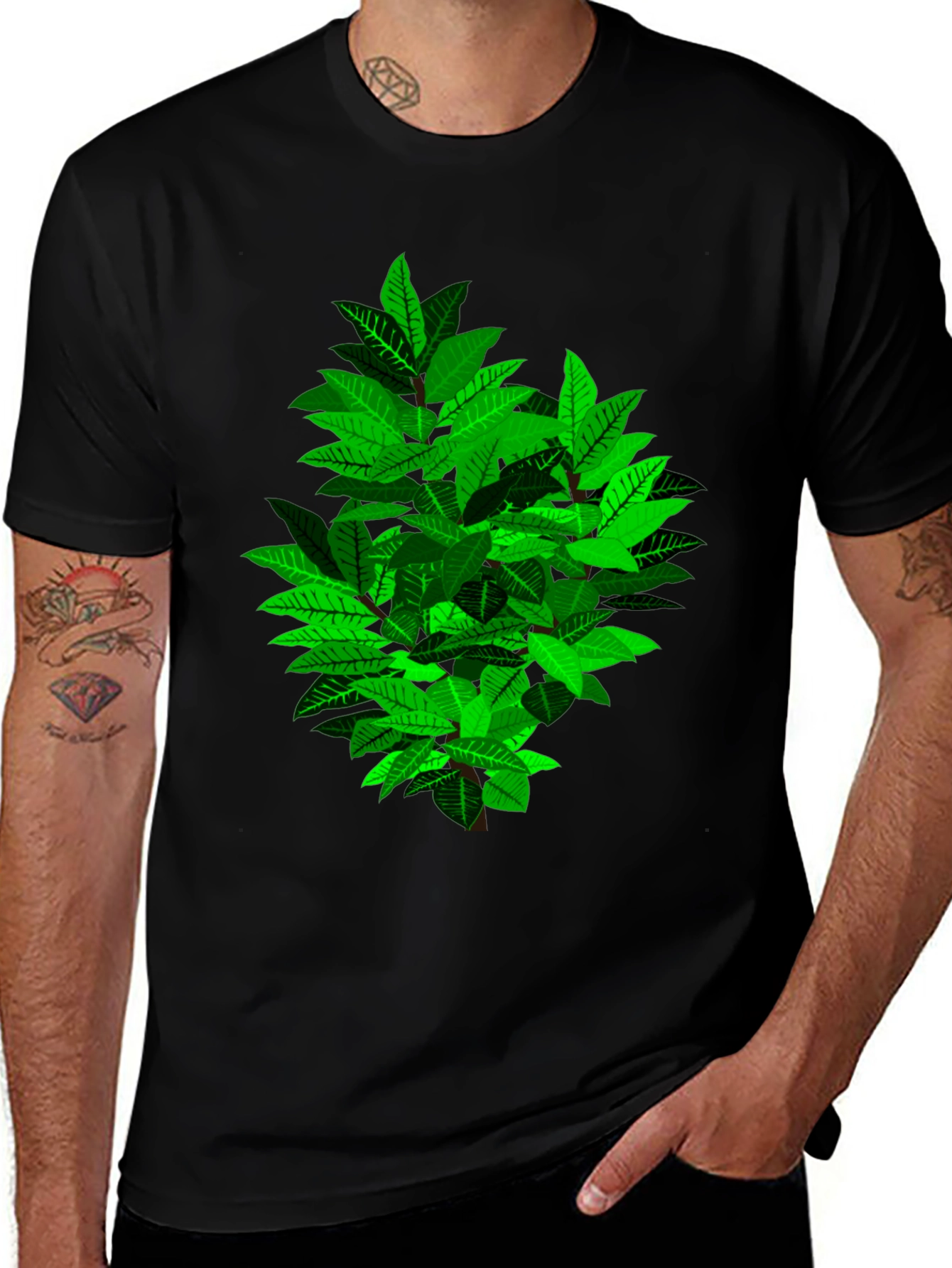Green Leaf Bush Graphic Black T-Shirt