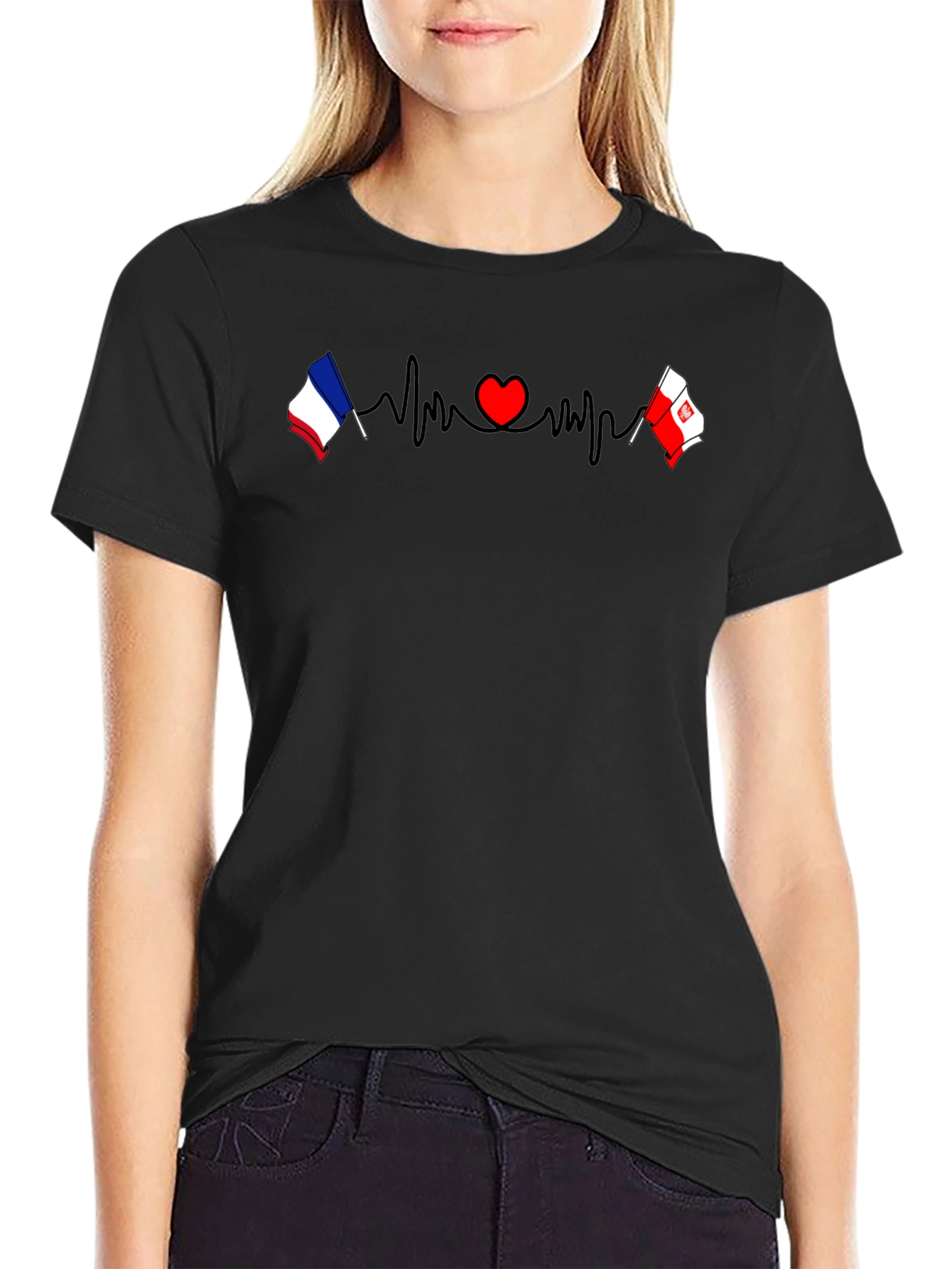 France & Poland Flags Heartbeat Graphic T-Shirt