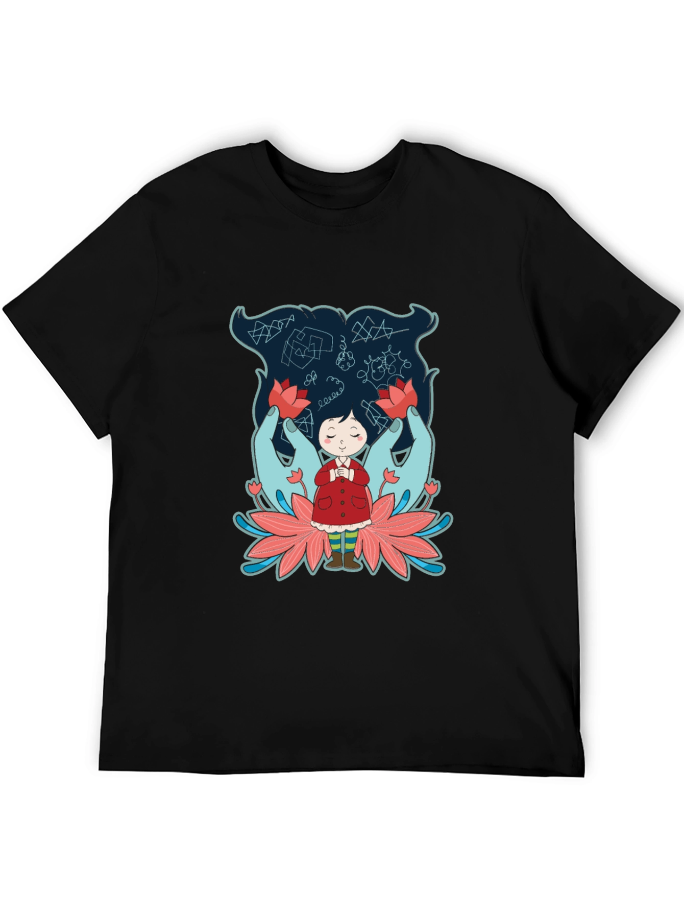 Unique Graphic Tee: Girl Hands & Lotus Design