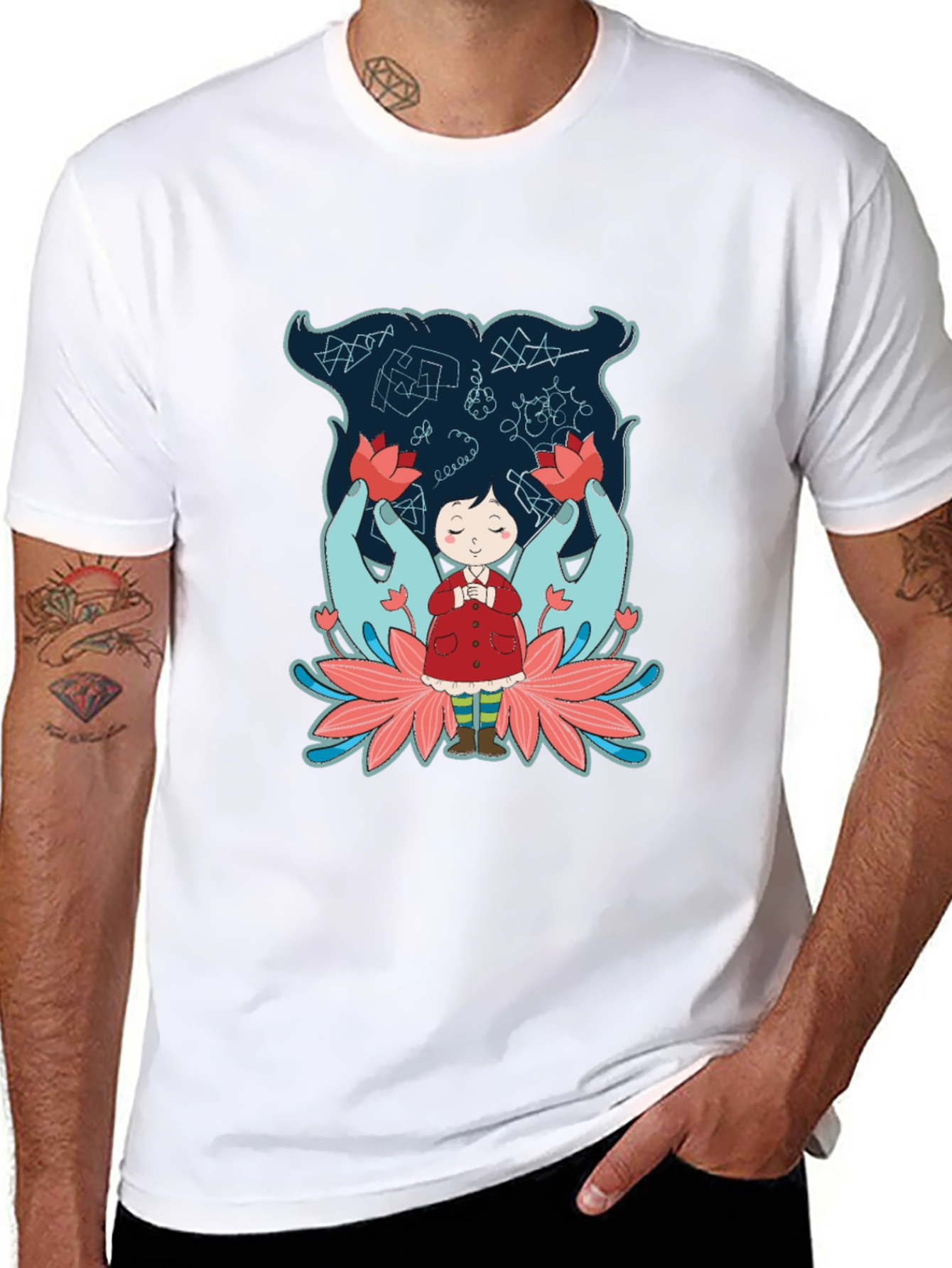 Unique Graphic Tee: Girl Hands & Lotus Design