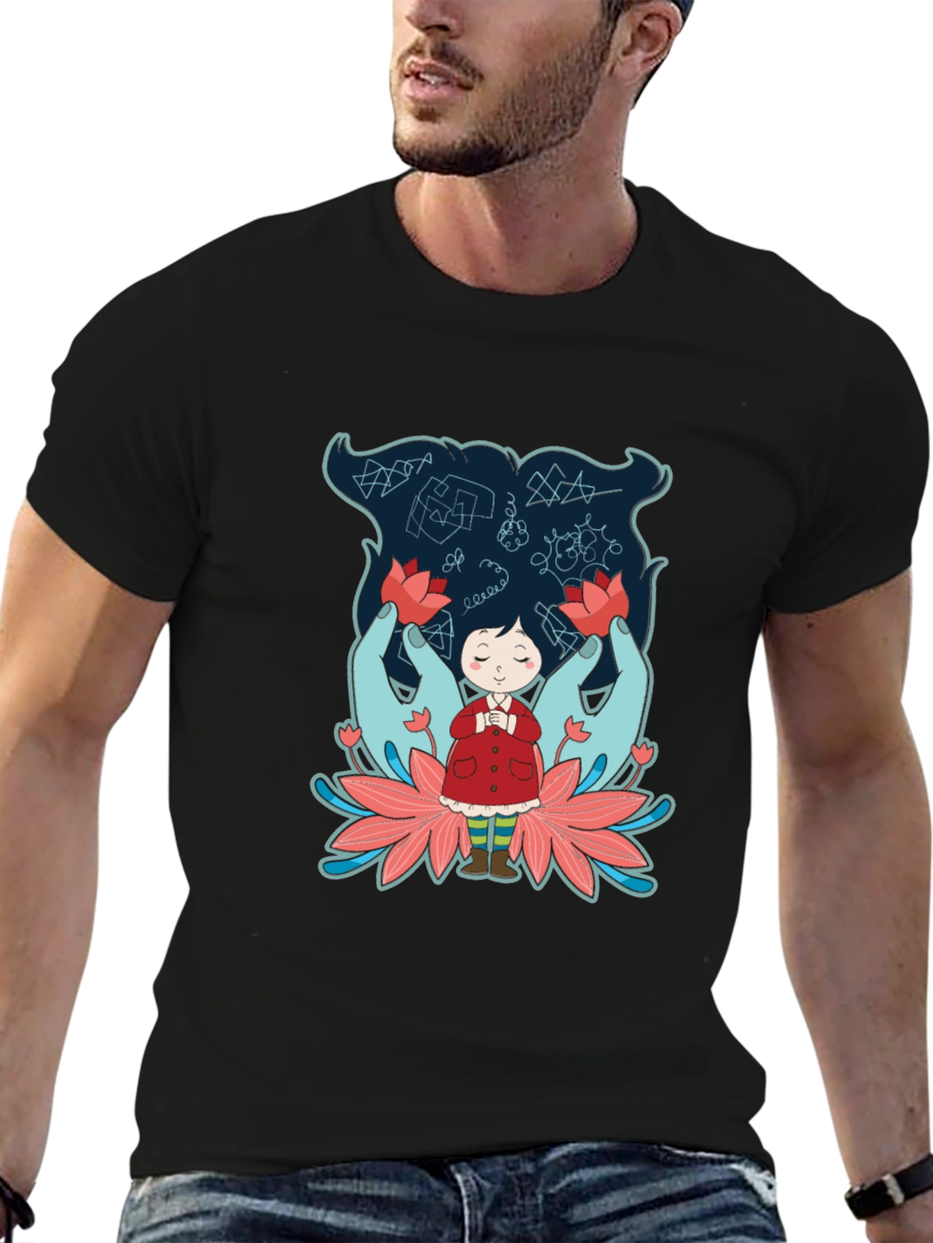 Unique Graphic Tee: Girl Hands & Lotus Design
