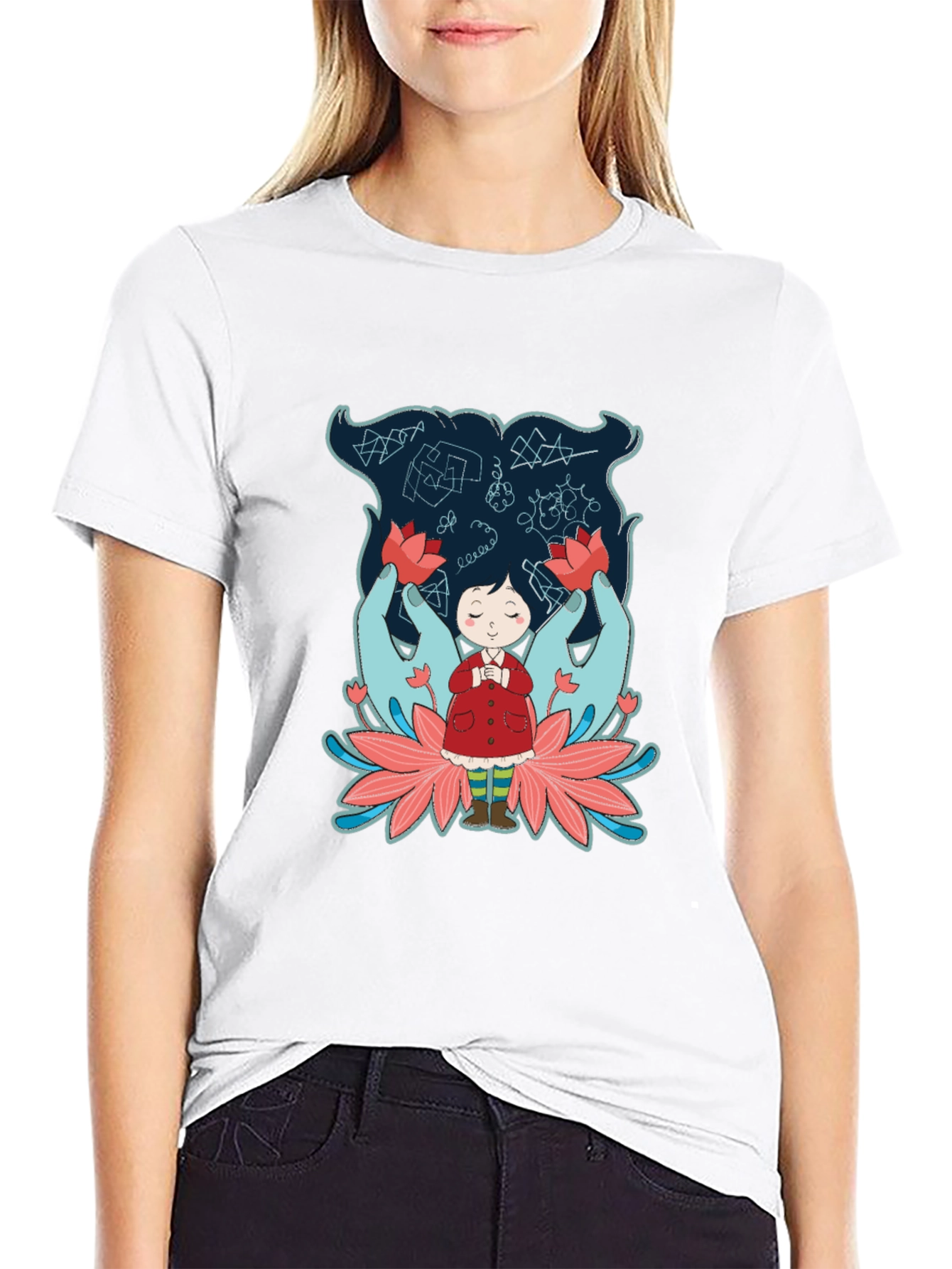 Unique Graphic Tee: Girl Hands & Lotus Design