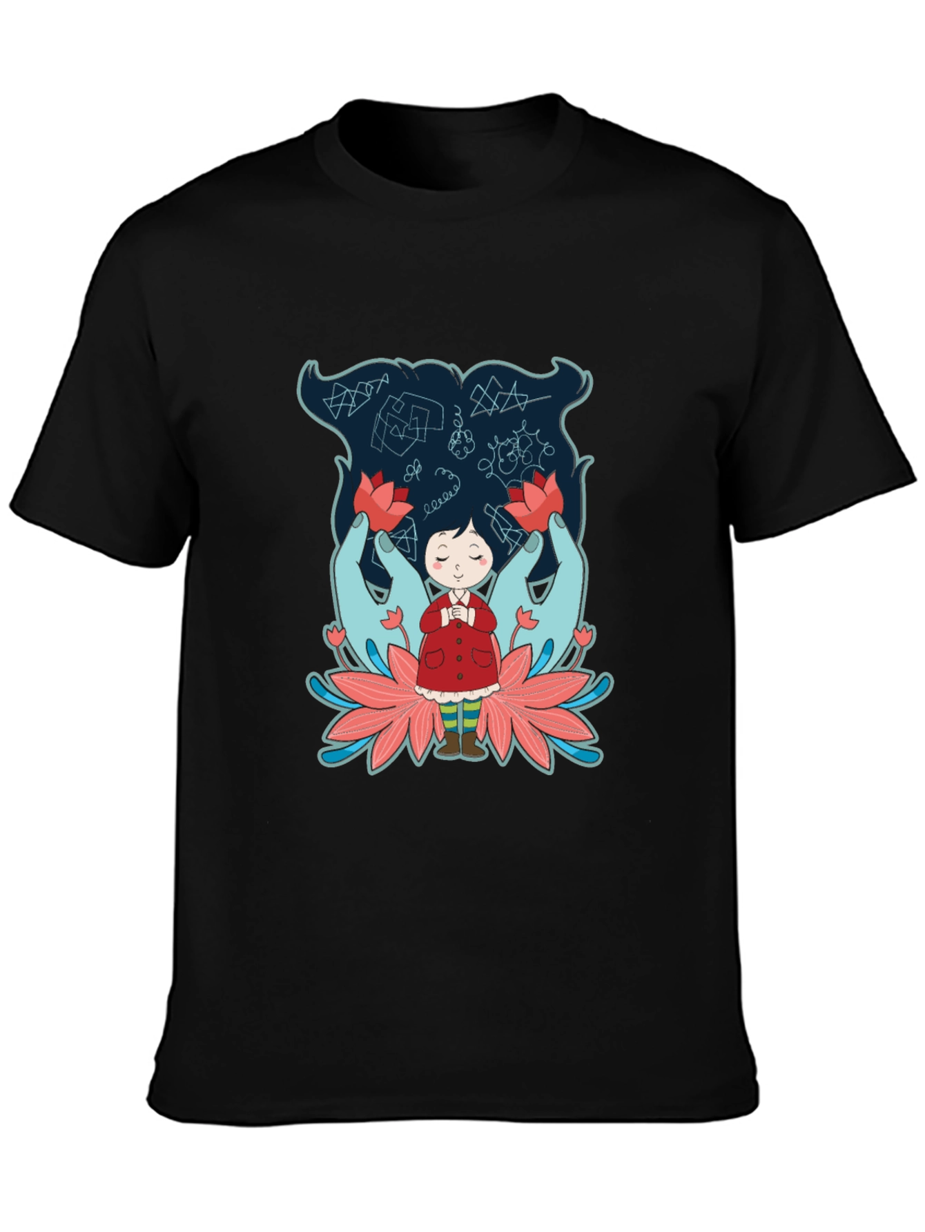 Unique Graphic Tee: Girl Hands & Lotus Design
