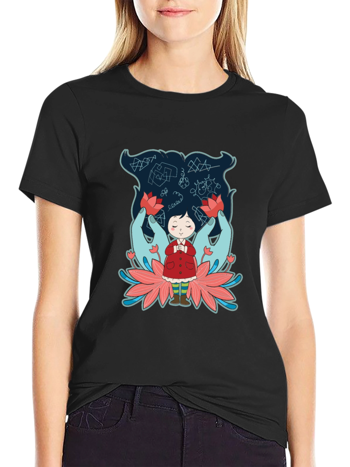 Unique Graphic Tee: Girl Hands & Lotus Design