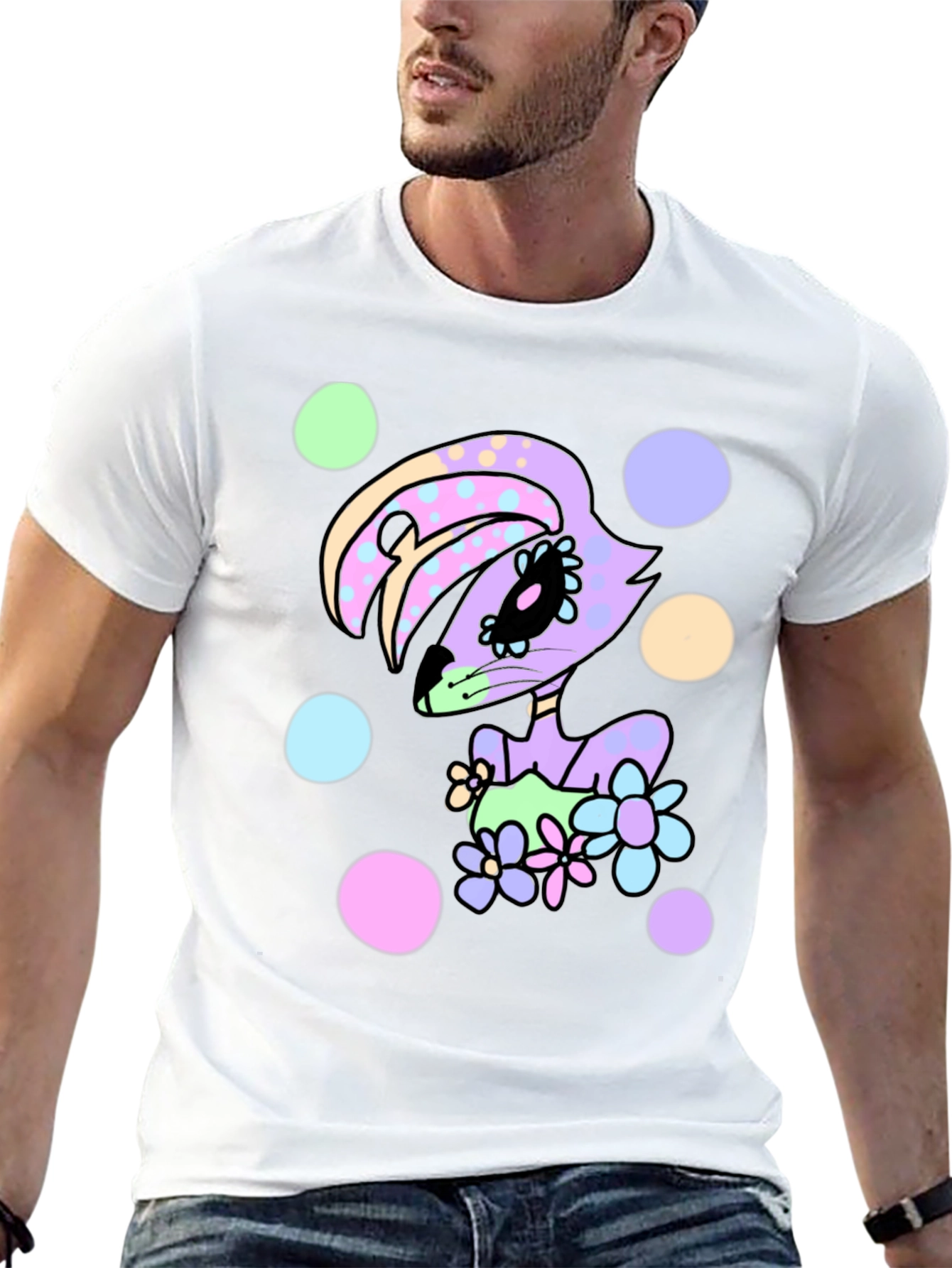 Floral Bunny Black T-Shirt - Cartoon Style
