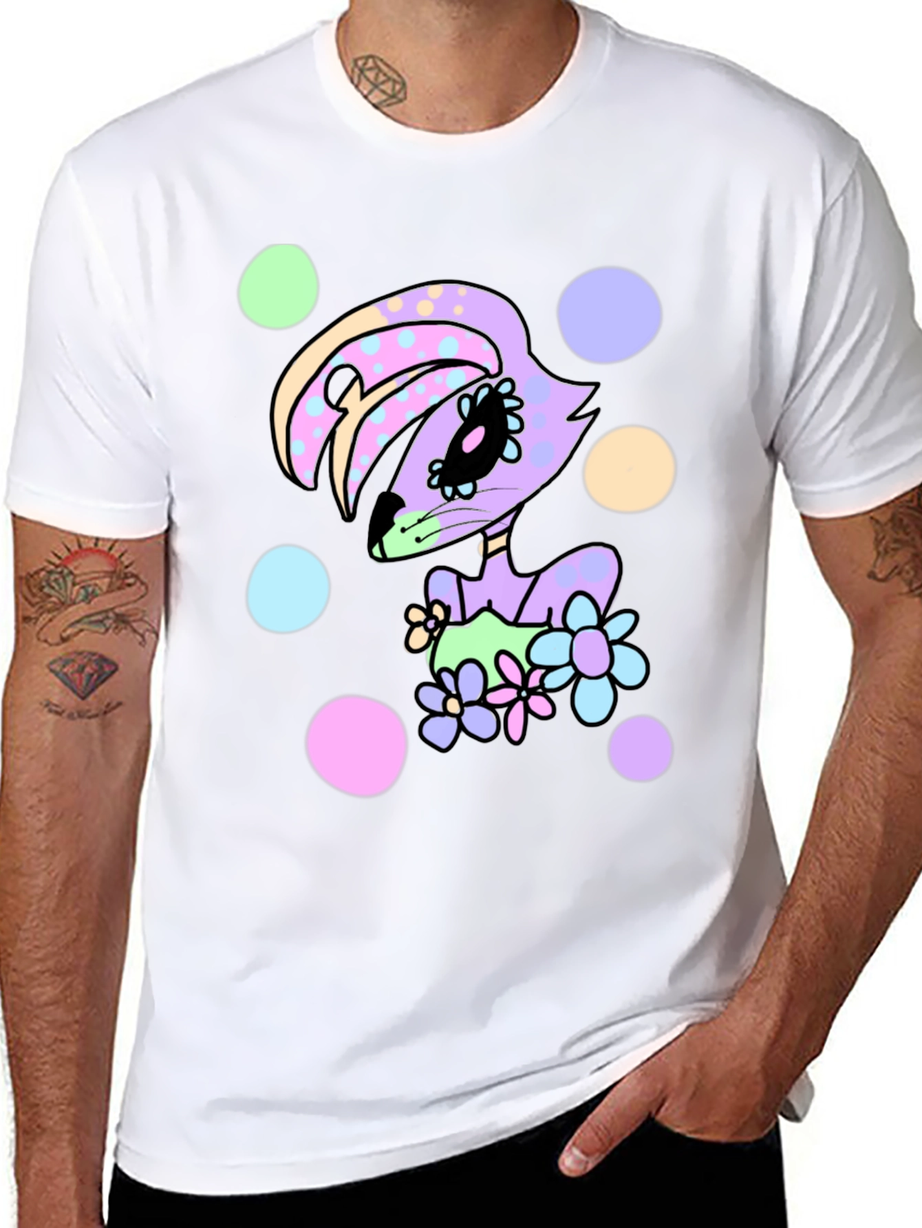 Floral Bunny Black T-Shirt - Cartoon Style