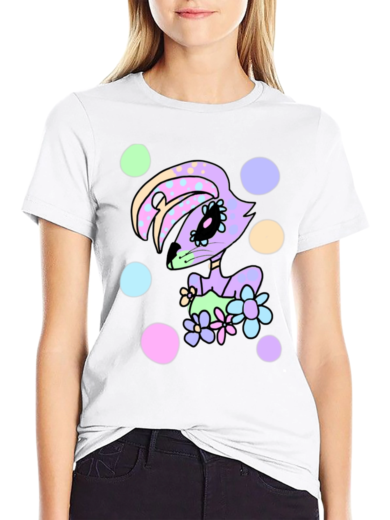 Floral Bunny Black T-Shirt - Cartoon Style