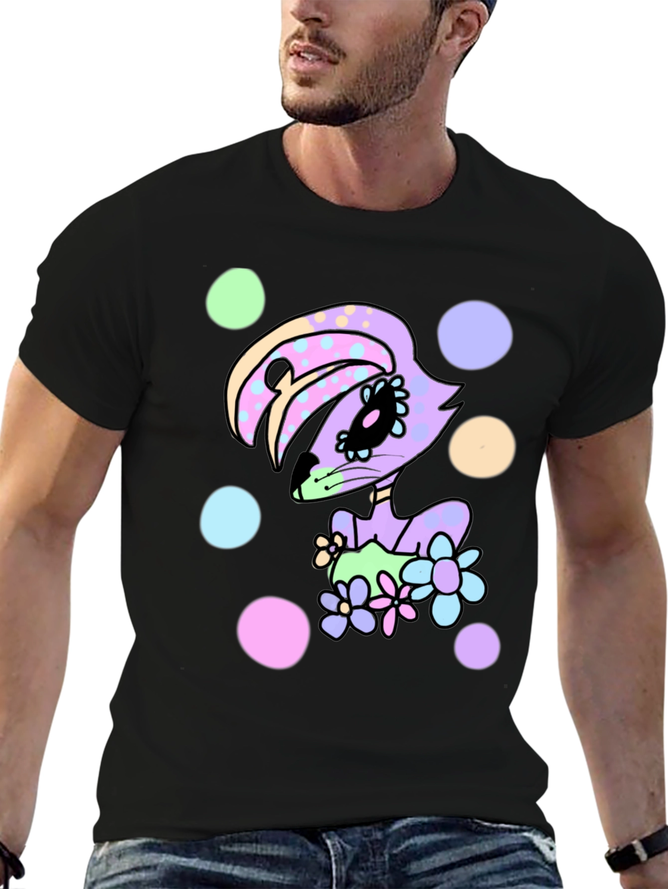 Floral Bunny Black T-Shirt - Cartoon Style