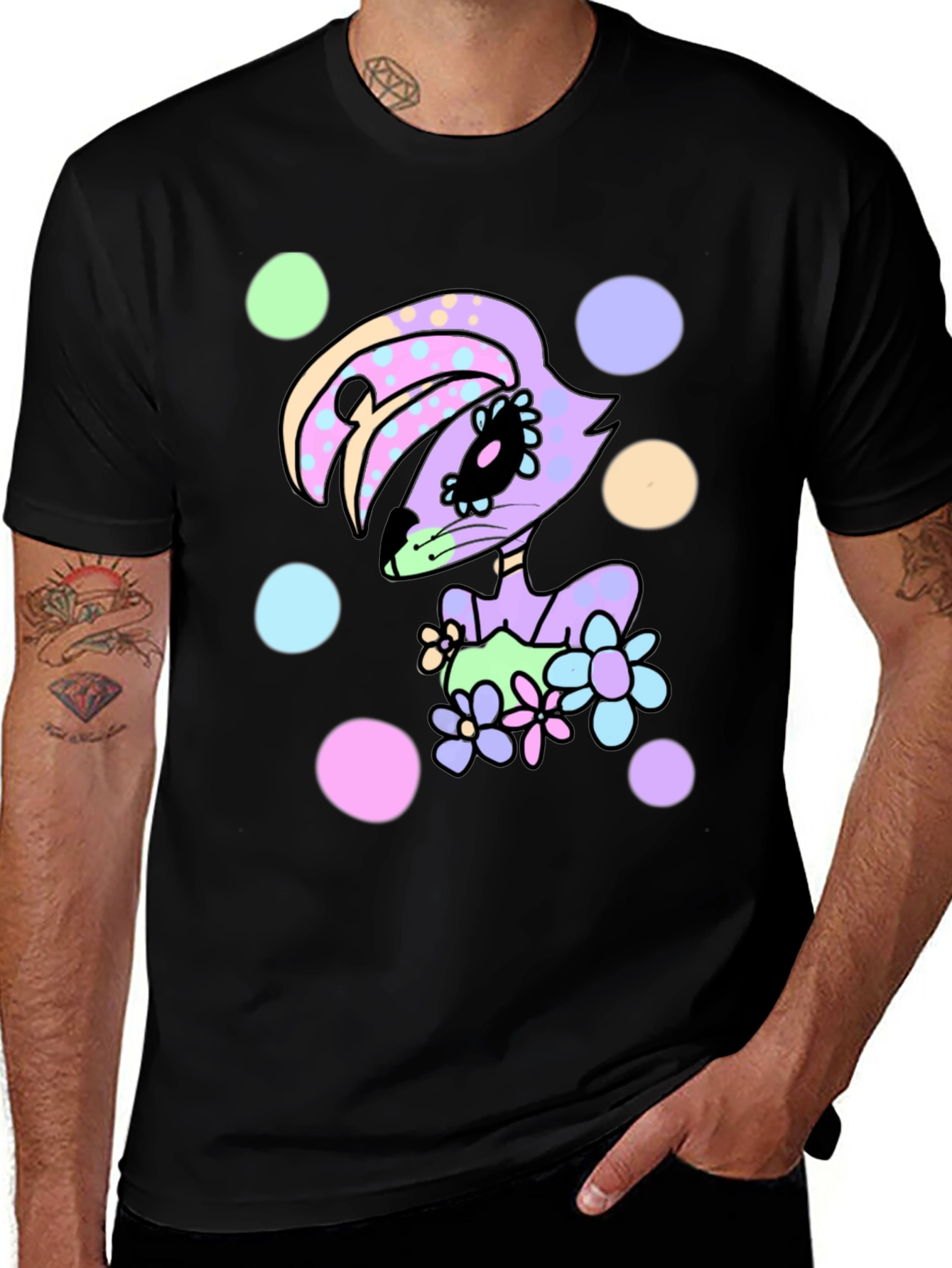 Floral Bunny Black T-Shirt - Cartoon Style