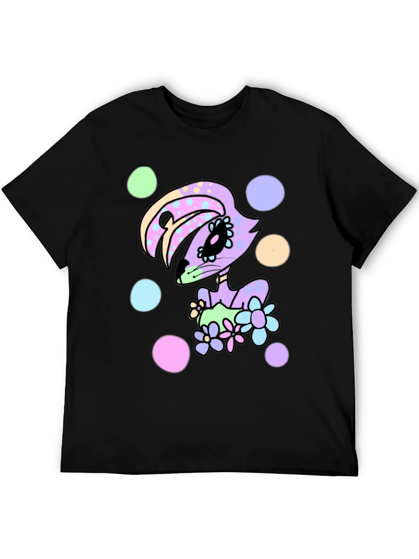 Floral Bunny Black T-Shirt - Cartoon Style