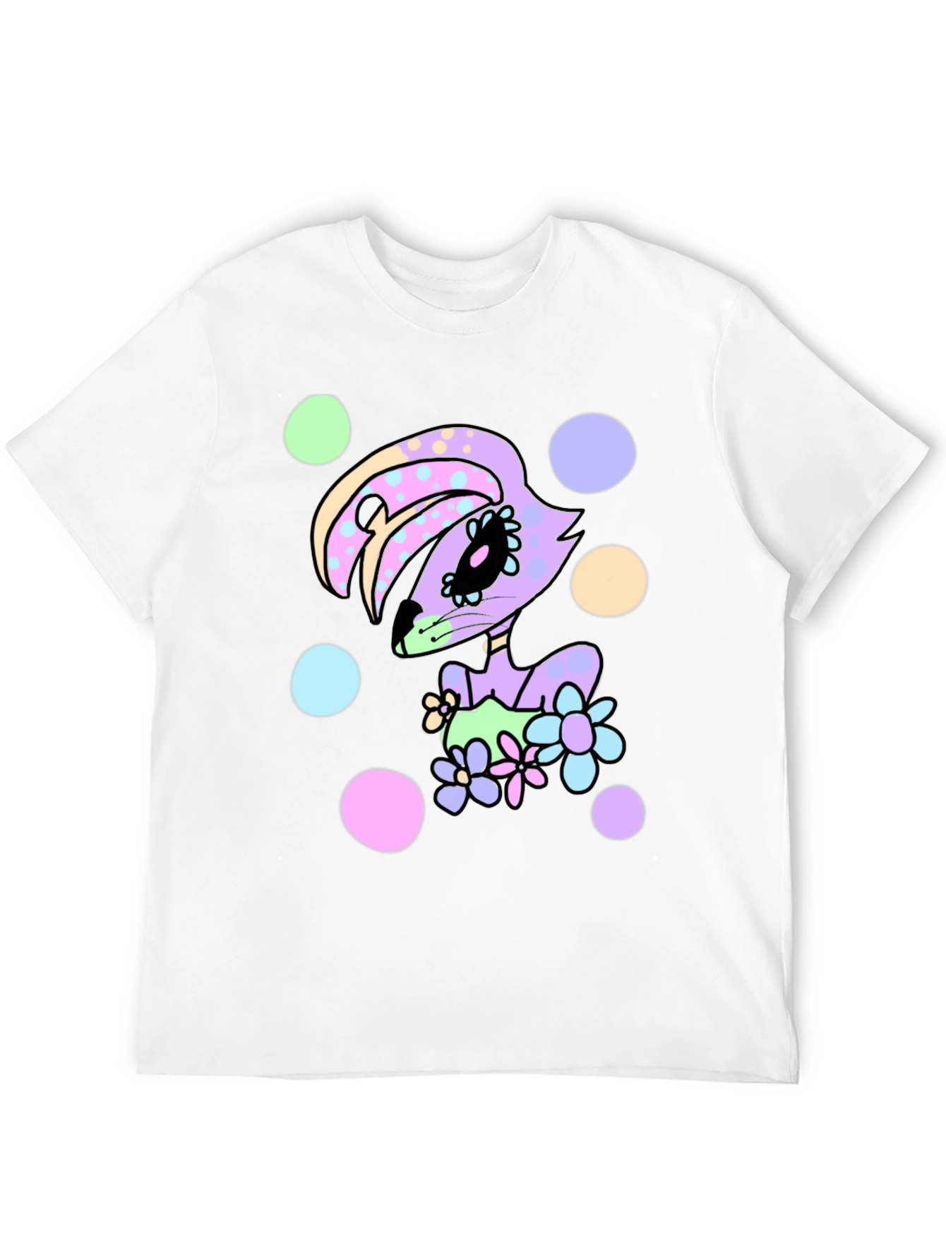 Floral Bunny Black T-Shirt - Cartoon Style