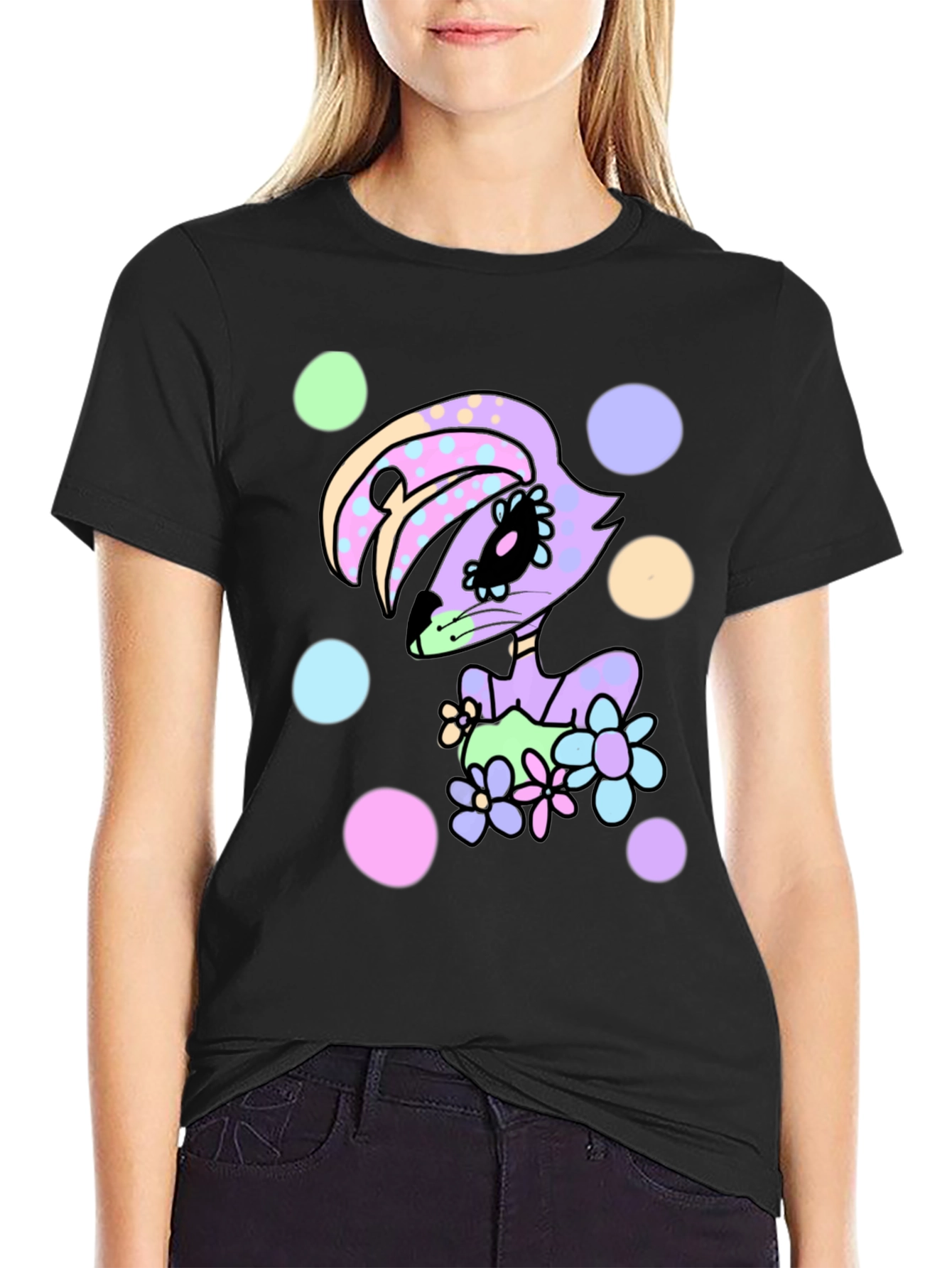 Floral Bunny Black T-Shirt - Cartoon Style