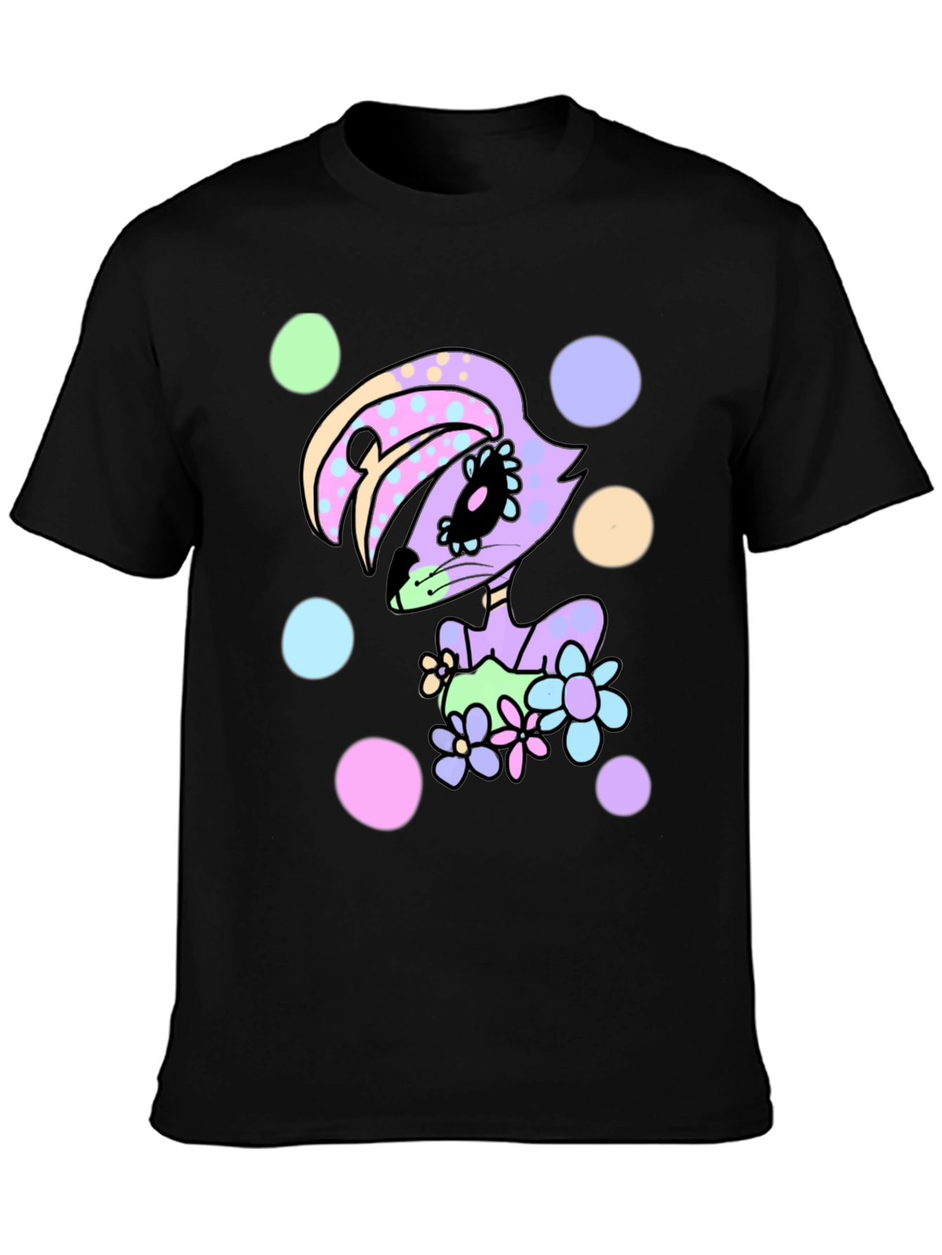 Floral Bunny Black T-Shirt - Cartoon Style