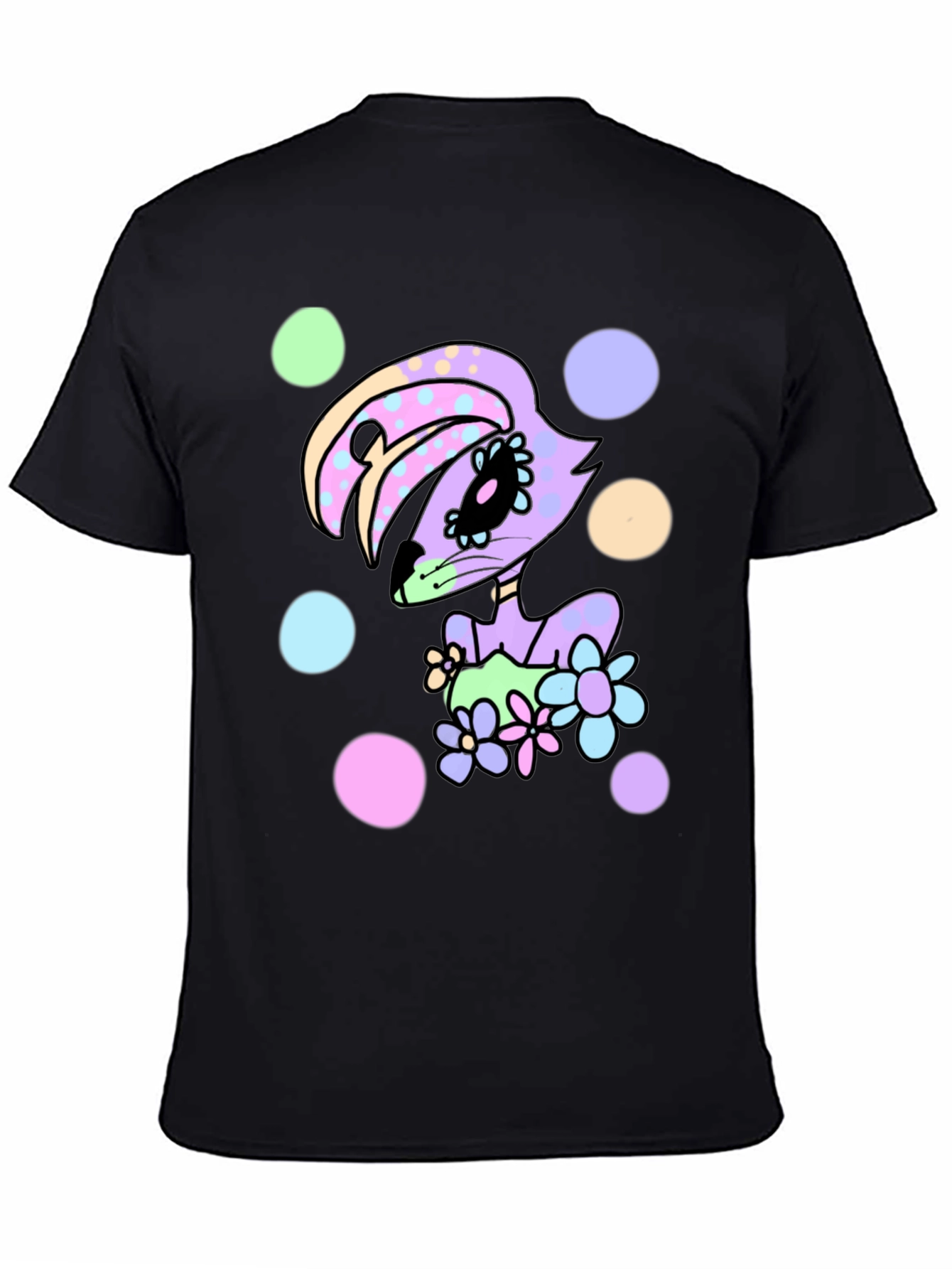 Floral Bunny Black T-Shirt - Cartoon Style