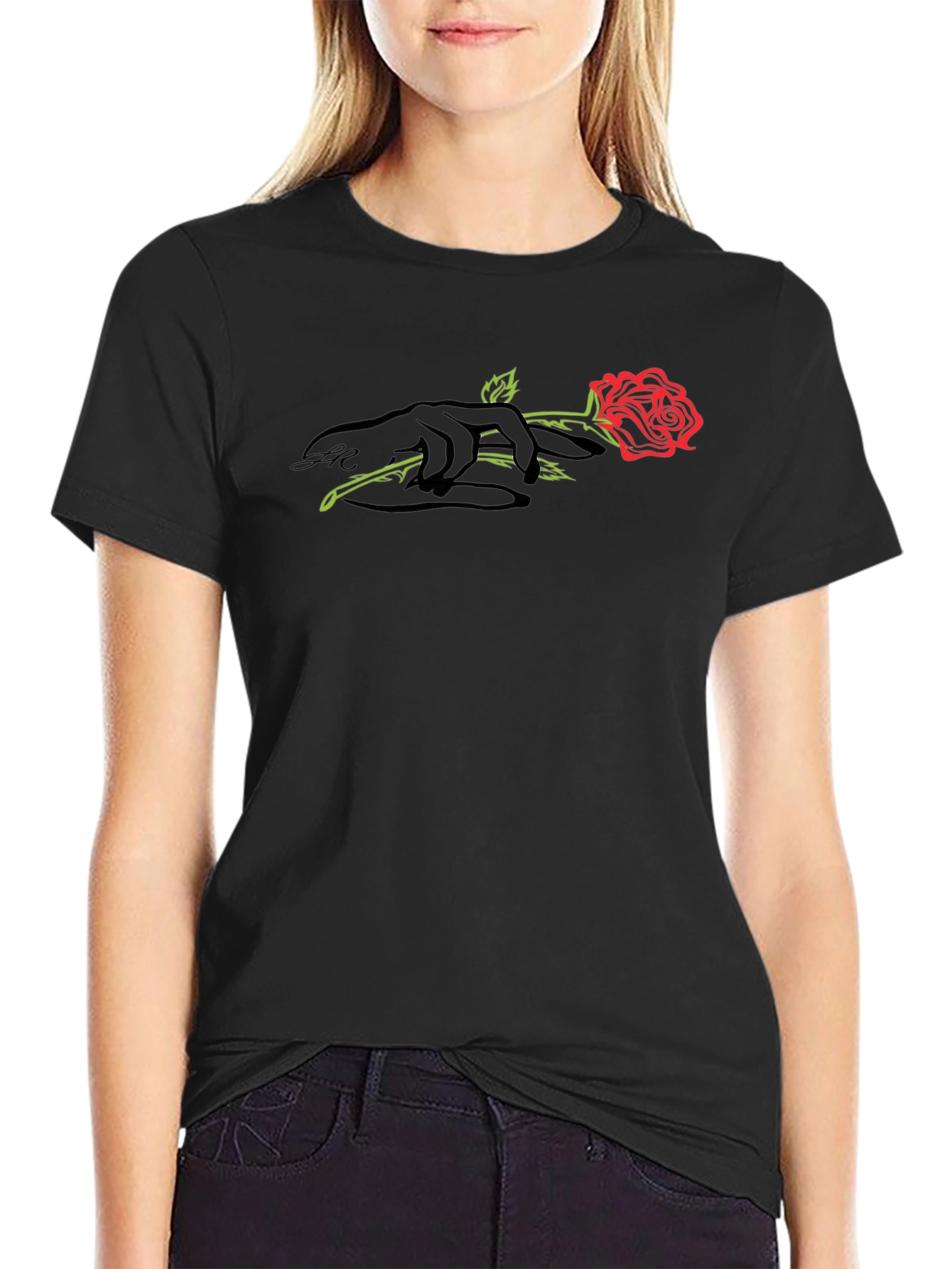 Black T-Shirt with Rose and Hand Graphic