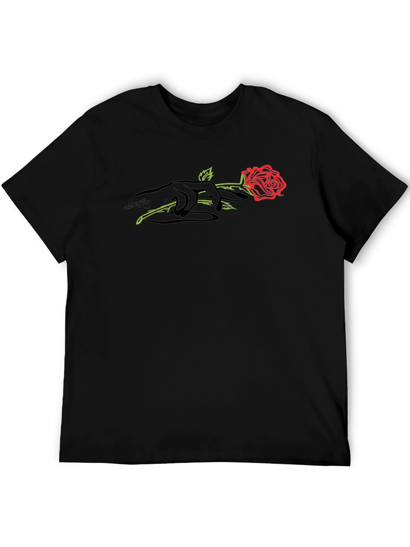 Black T-Shirt with Rose and Hand Graphic