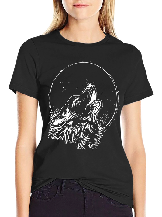 Wolf Howling at Moon Graphic Tee - Black Cotton Blend