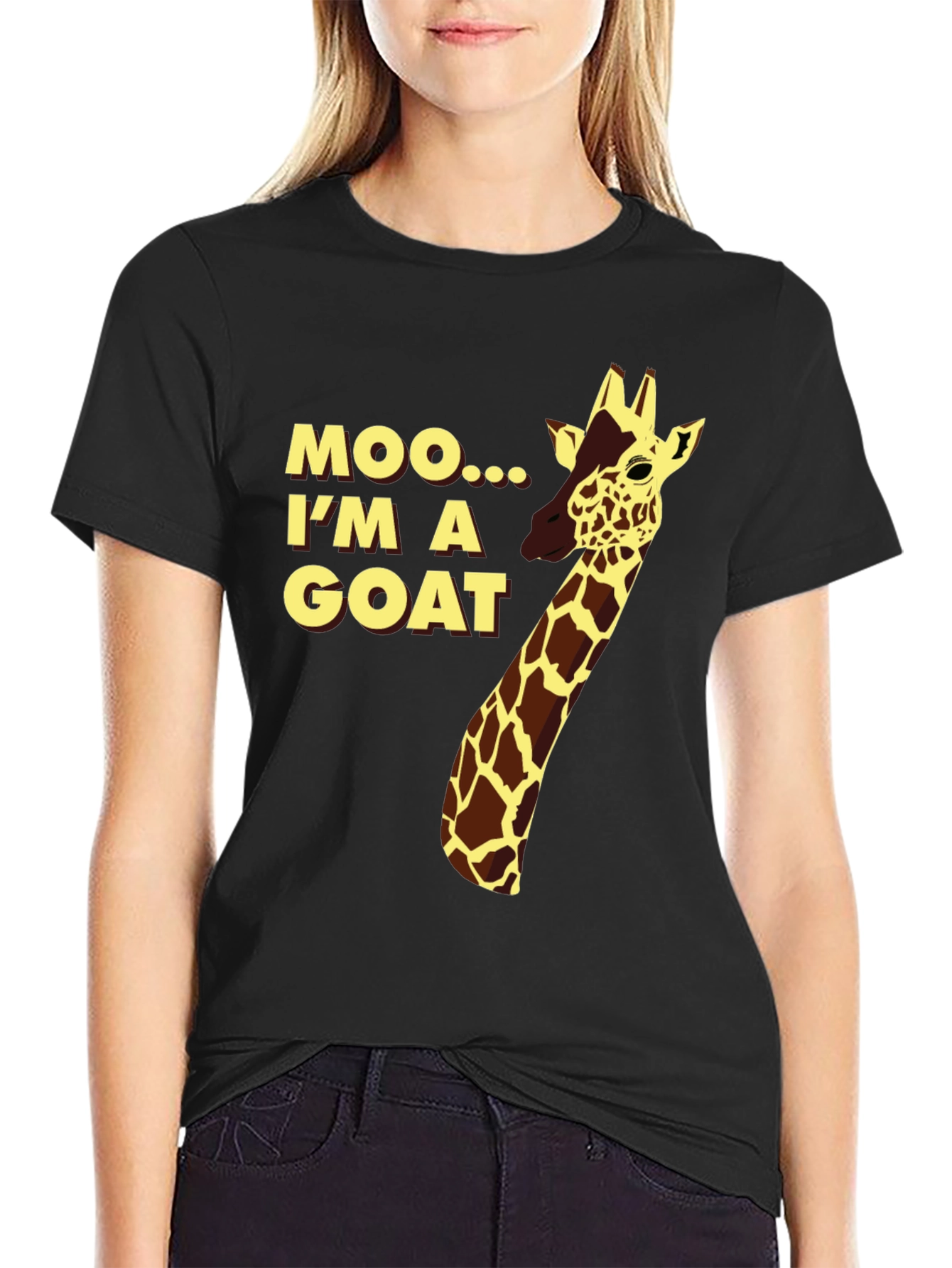 Funny Giraffe Moo Im a Goat Black T-Shirt
