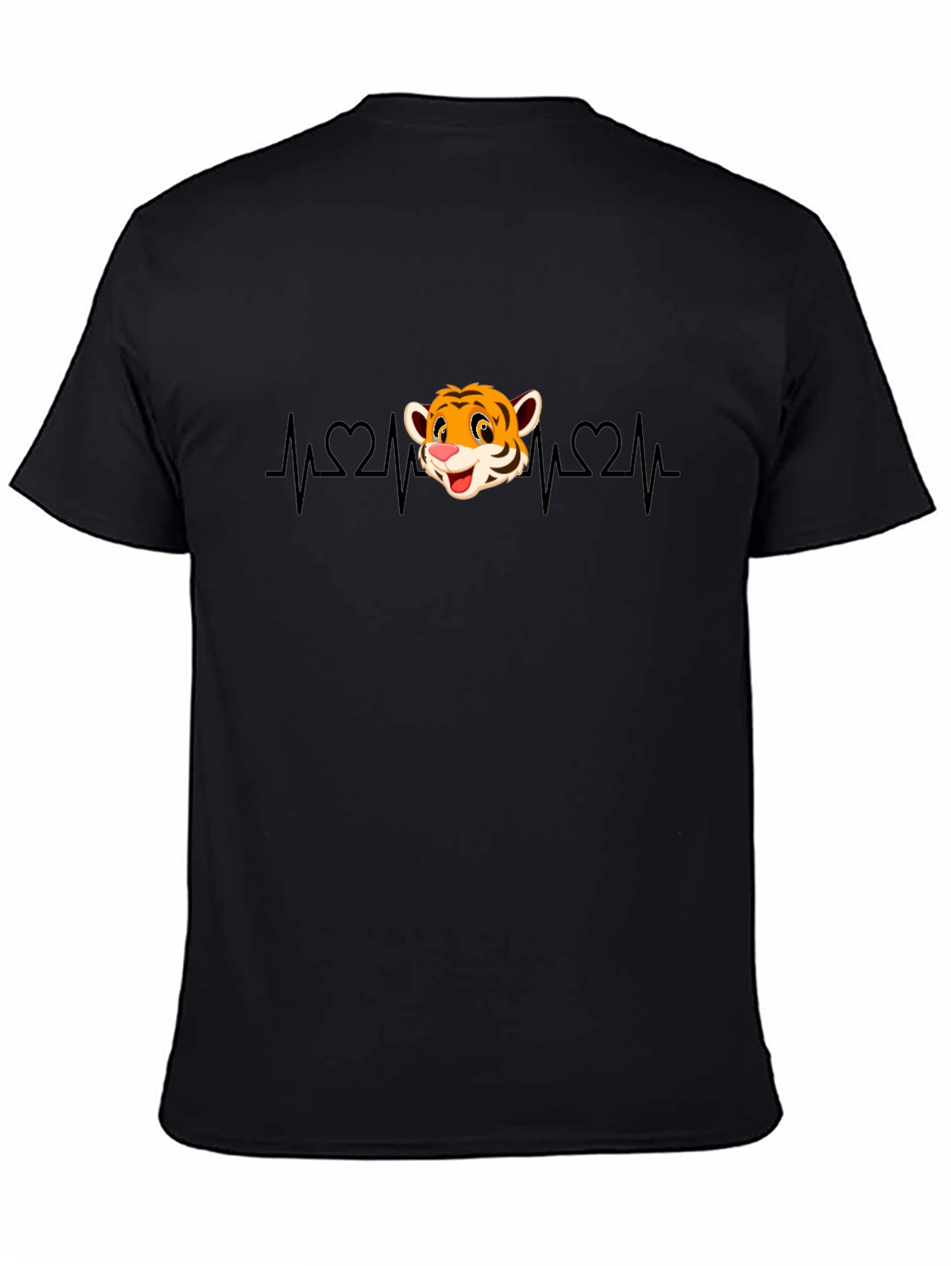 Cute Tiger Heartbeat Graphic T-Shirt - Black