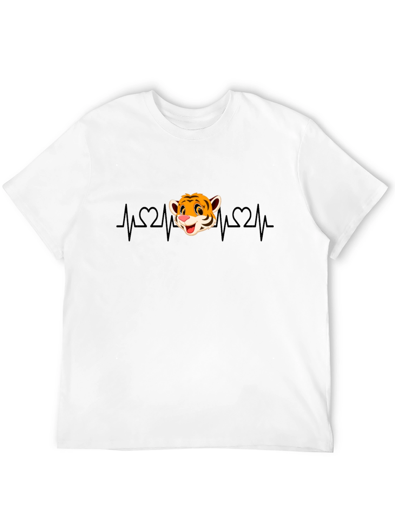 Cute Tiger Heartbeat Graphic T-Shirt - Black