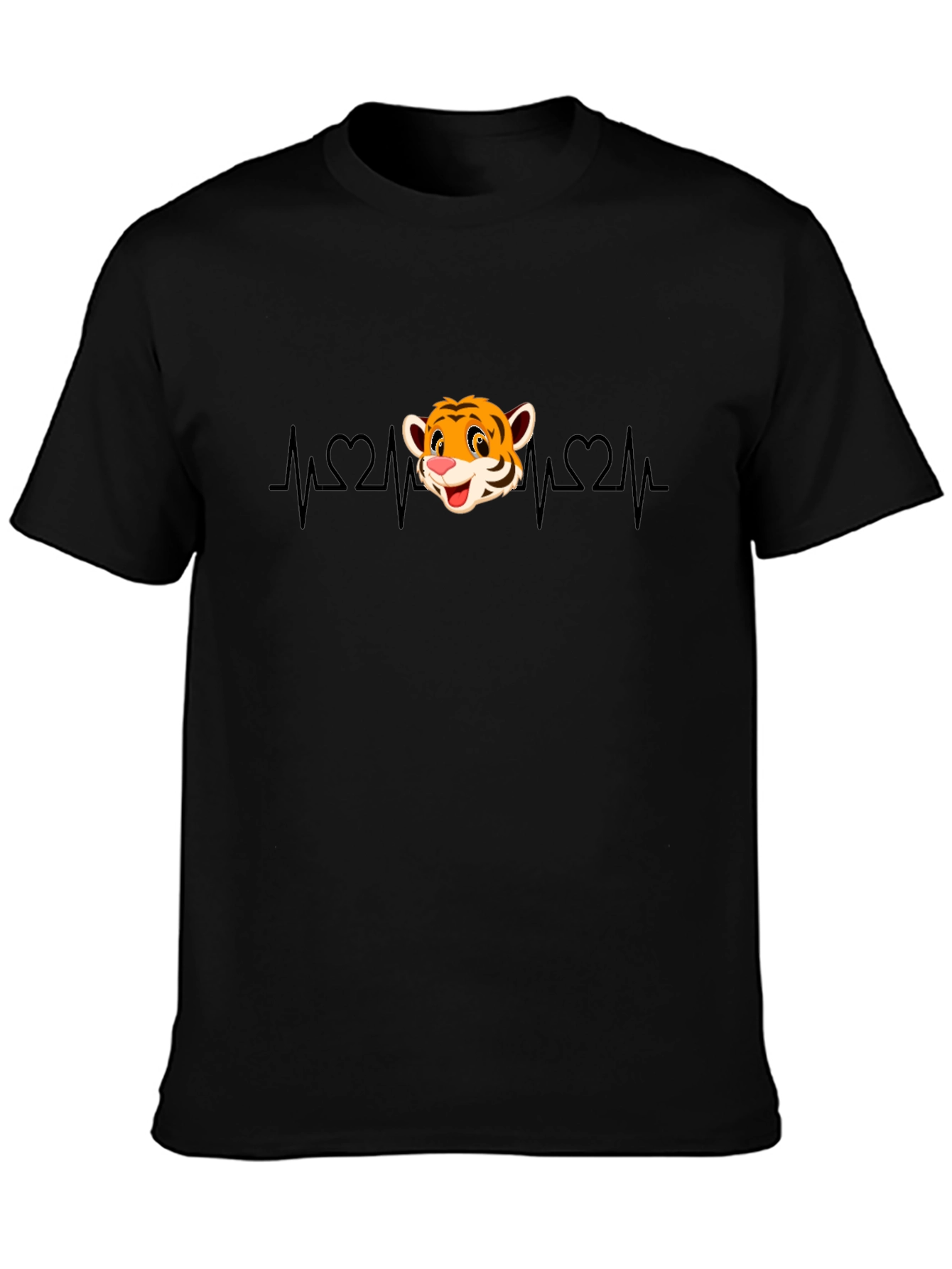 Cute Tiger Heartbeat Graphic T-Shirt - Black
