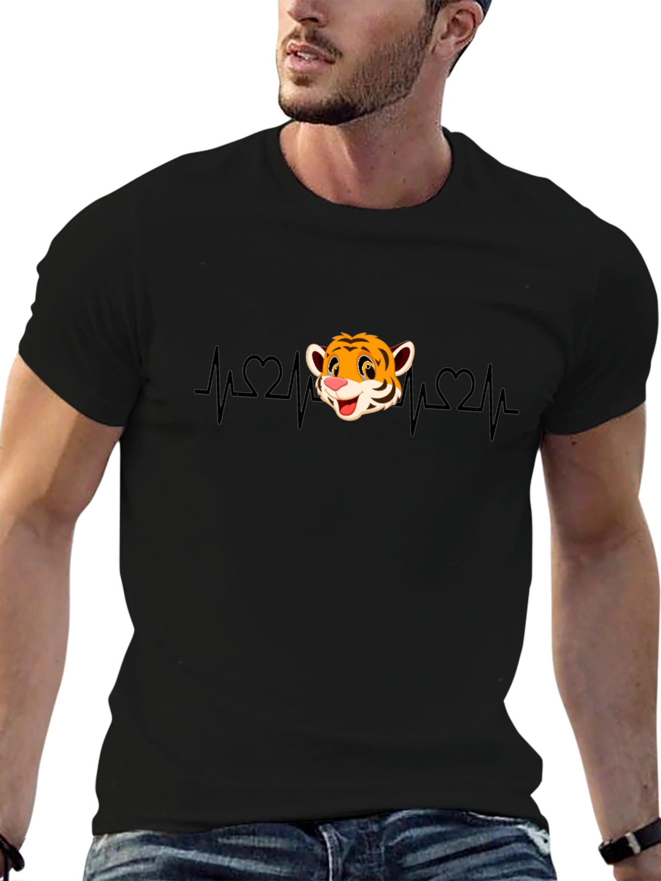 Cute Tiger Heartbeat Graphic T-Shirt - Black