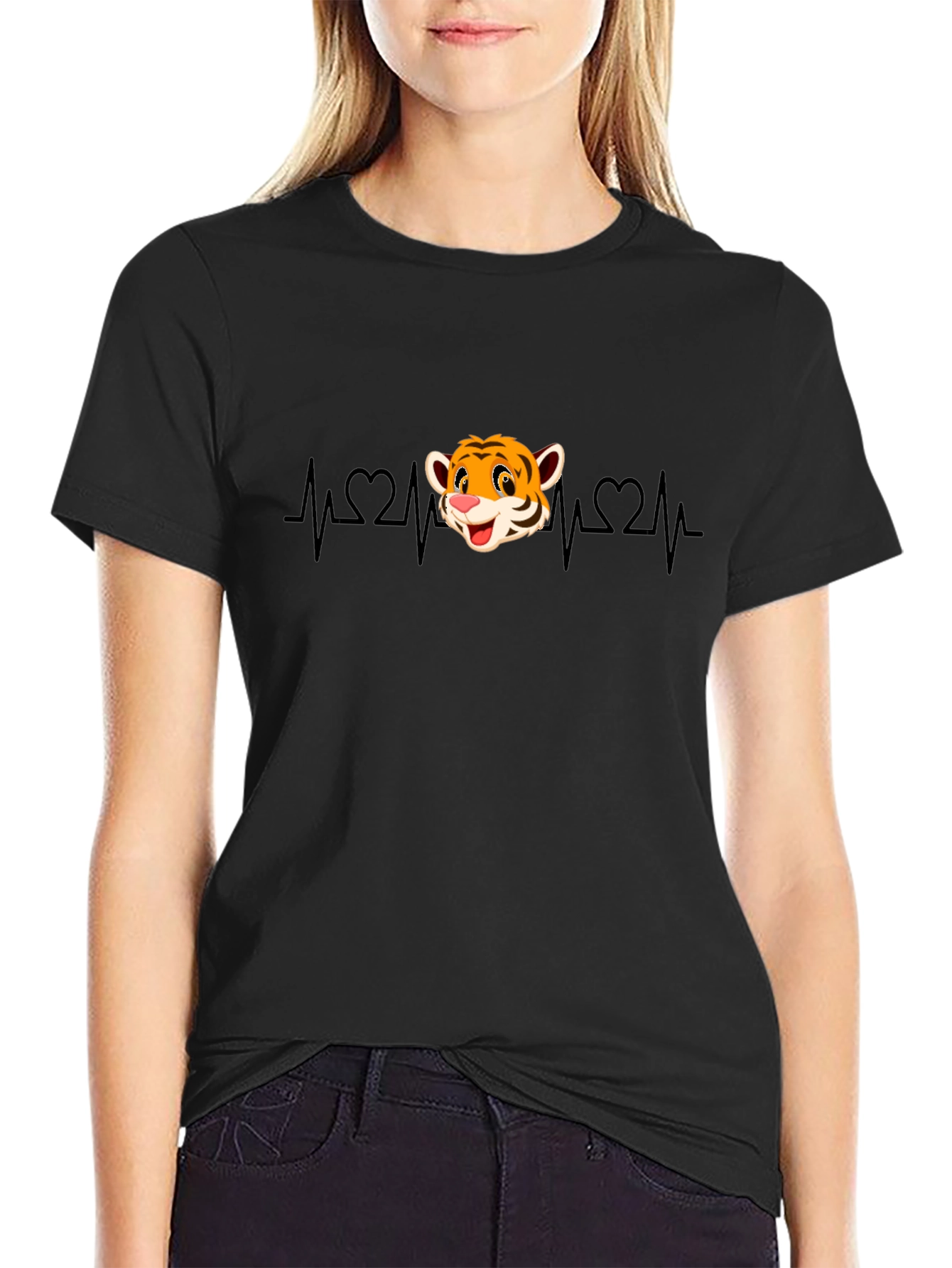 Cute Tiger Heartbeat Graphic T-Shirt - Black