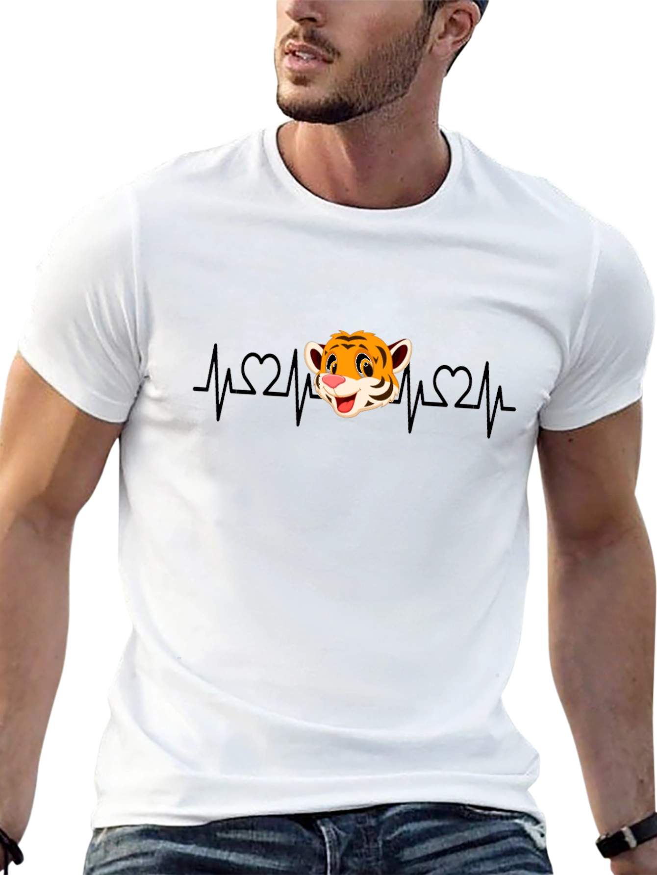 Cute Tiger Heartbeat Graphic T-Shirt - Black