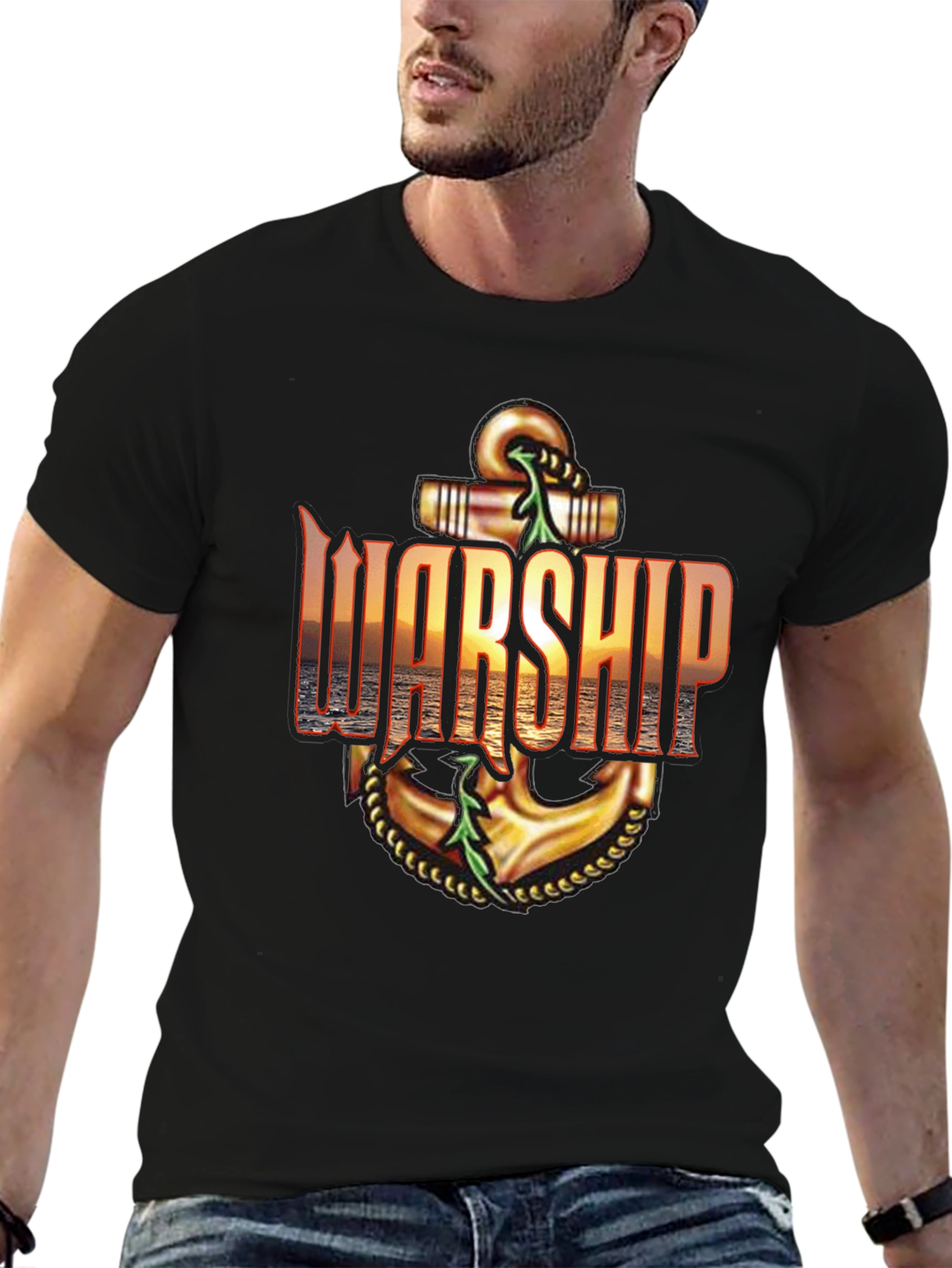 Warship Anchor Graphic Tee - Black Cotton