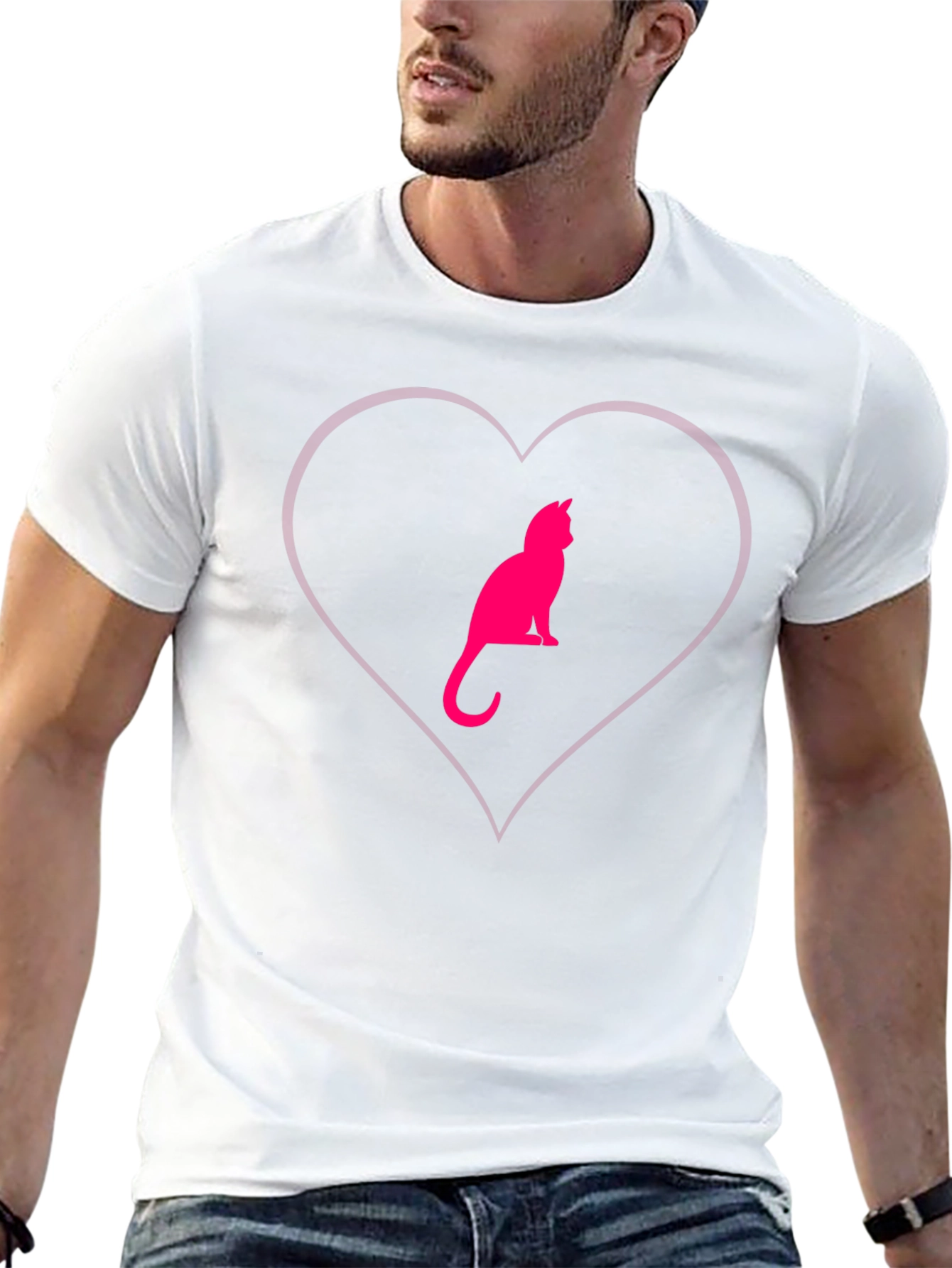 Cat Heart Graphic Tee - Stylish Crew Neck