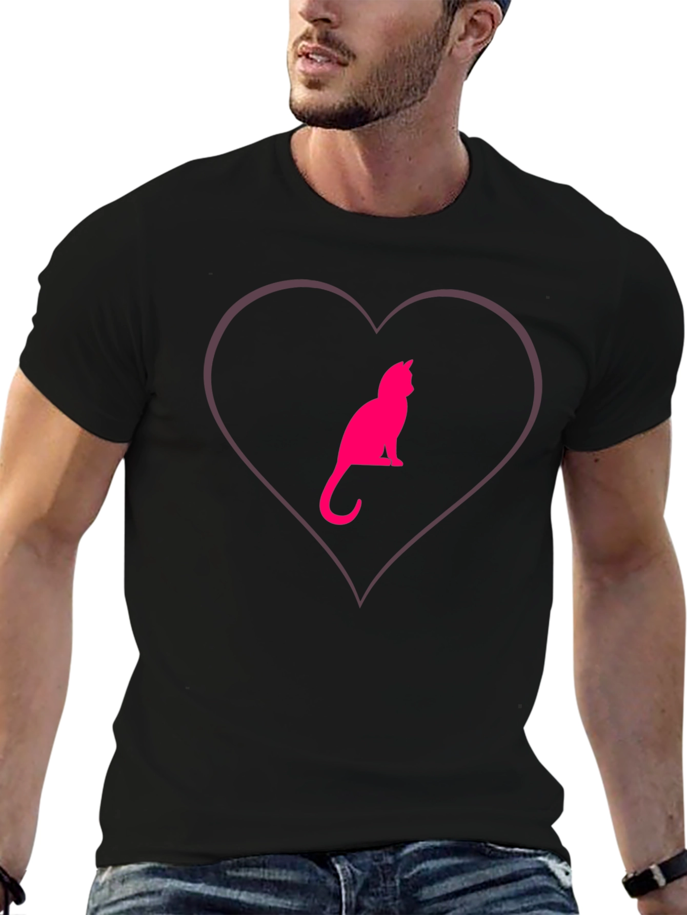 Cat Heart Graphic Tee - Stylish Crew Neck