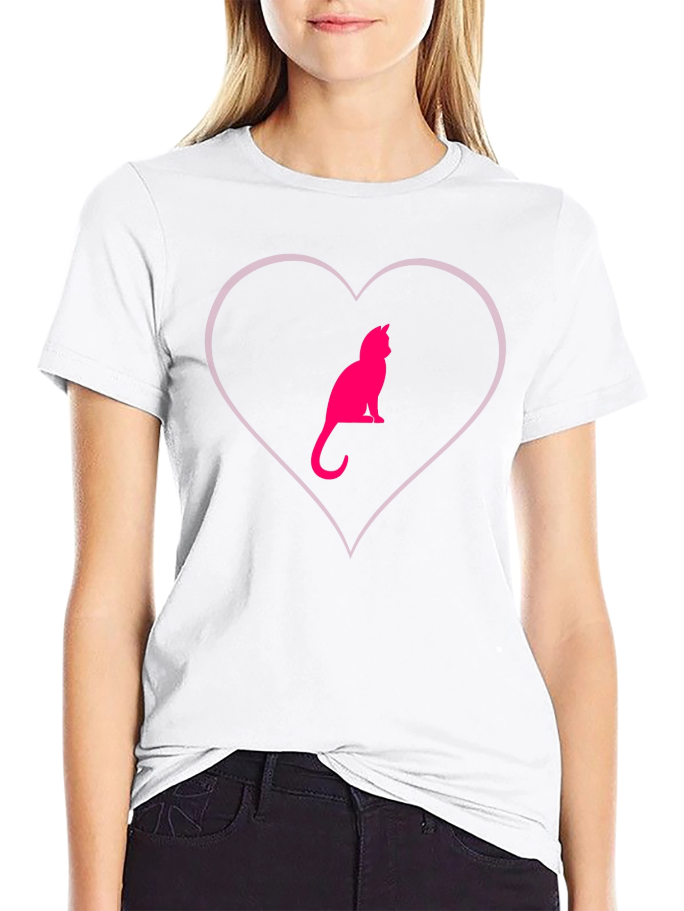 Cat Heart Graphic Tee - Stylish Crew Neck