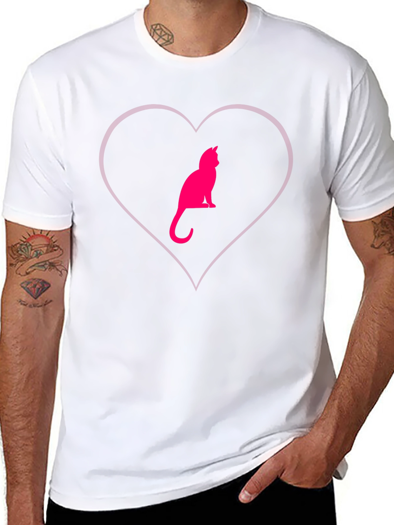 Cat Heart Graphic Tee - Stylish Crew Neck