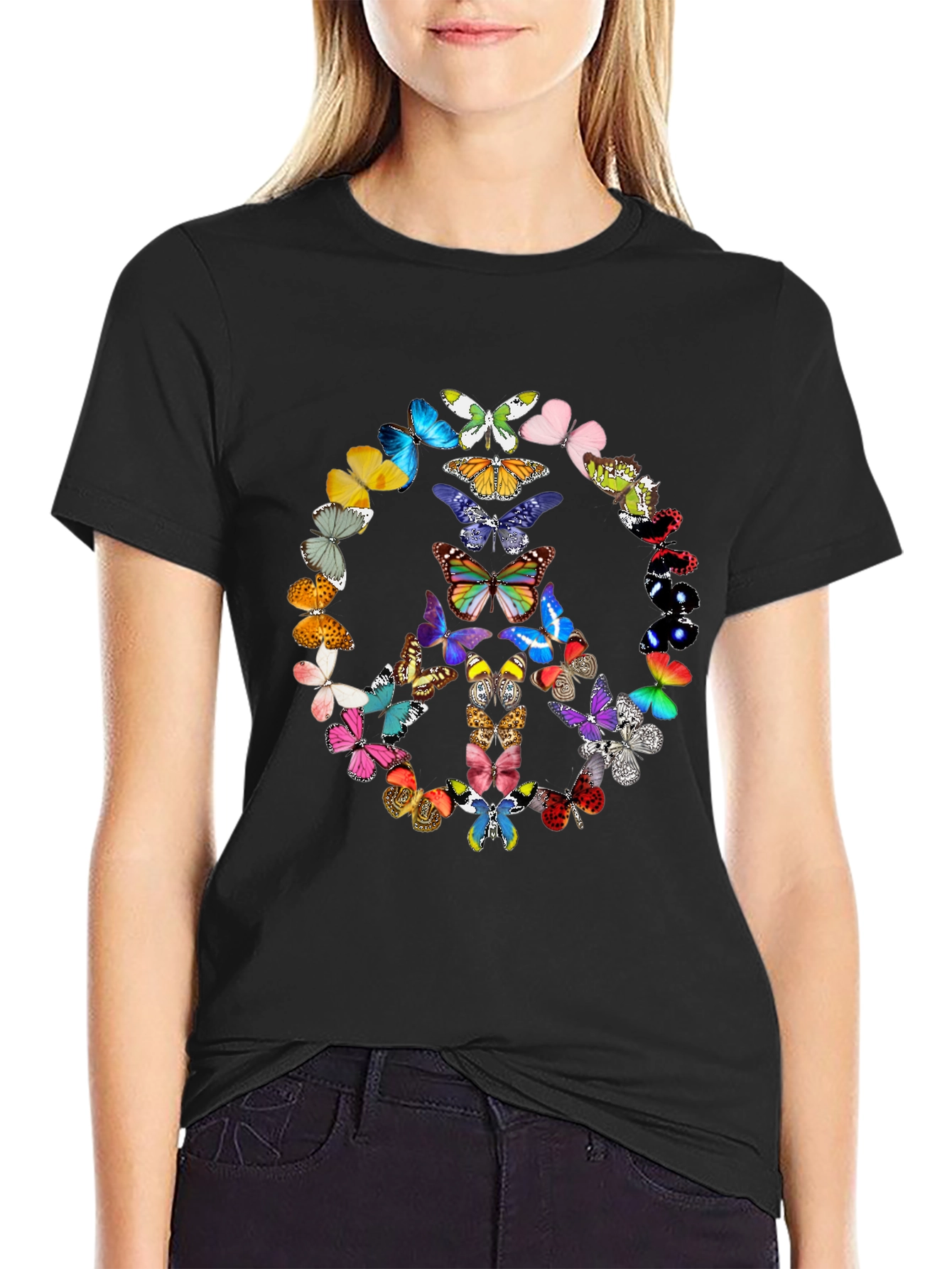 Butterfly Peace Sign Graphic Tee - Black