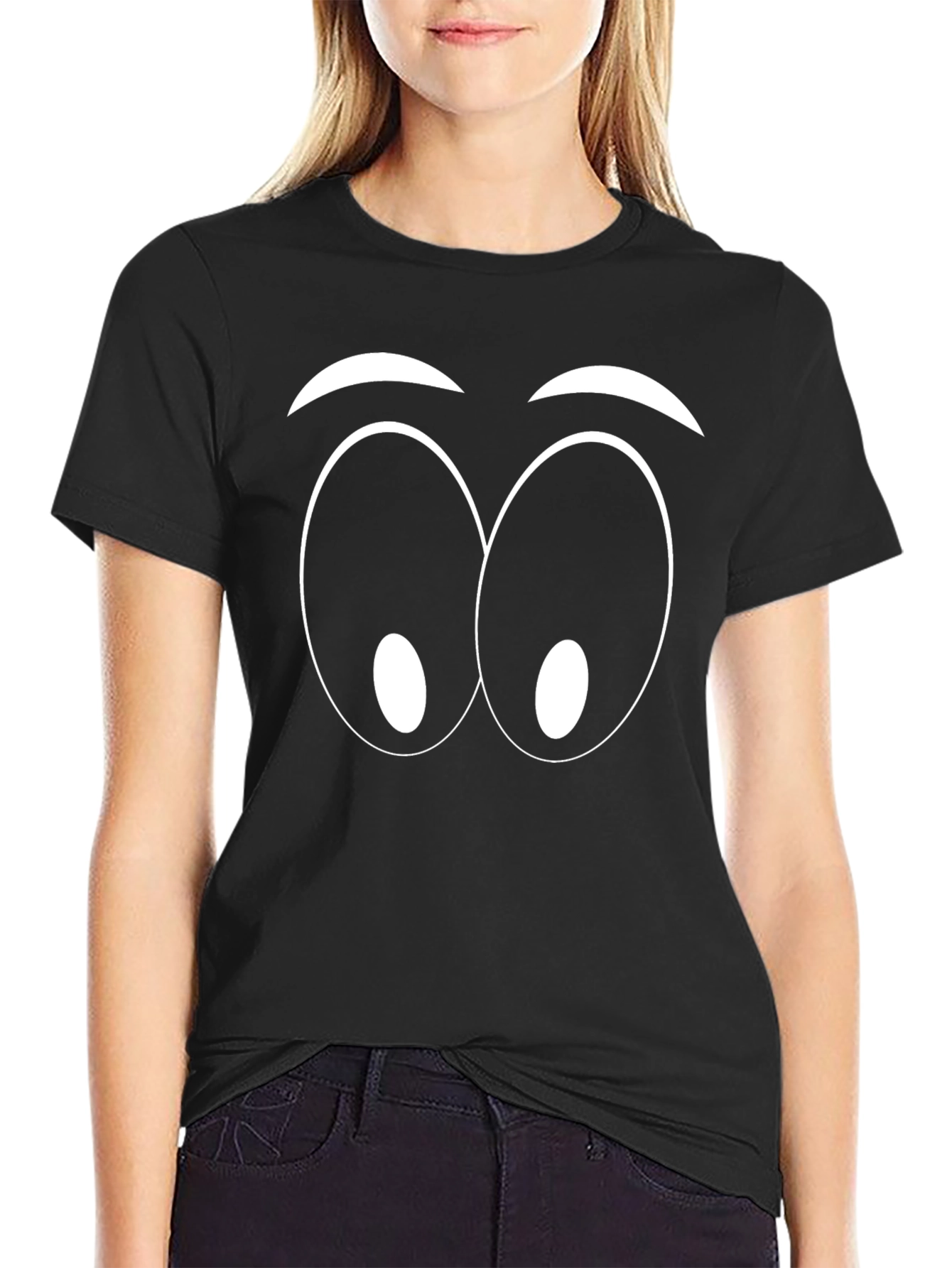 Funny Cartoon Eyes Graphic Black T-Shirt