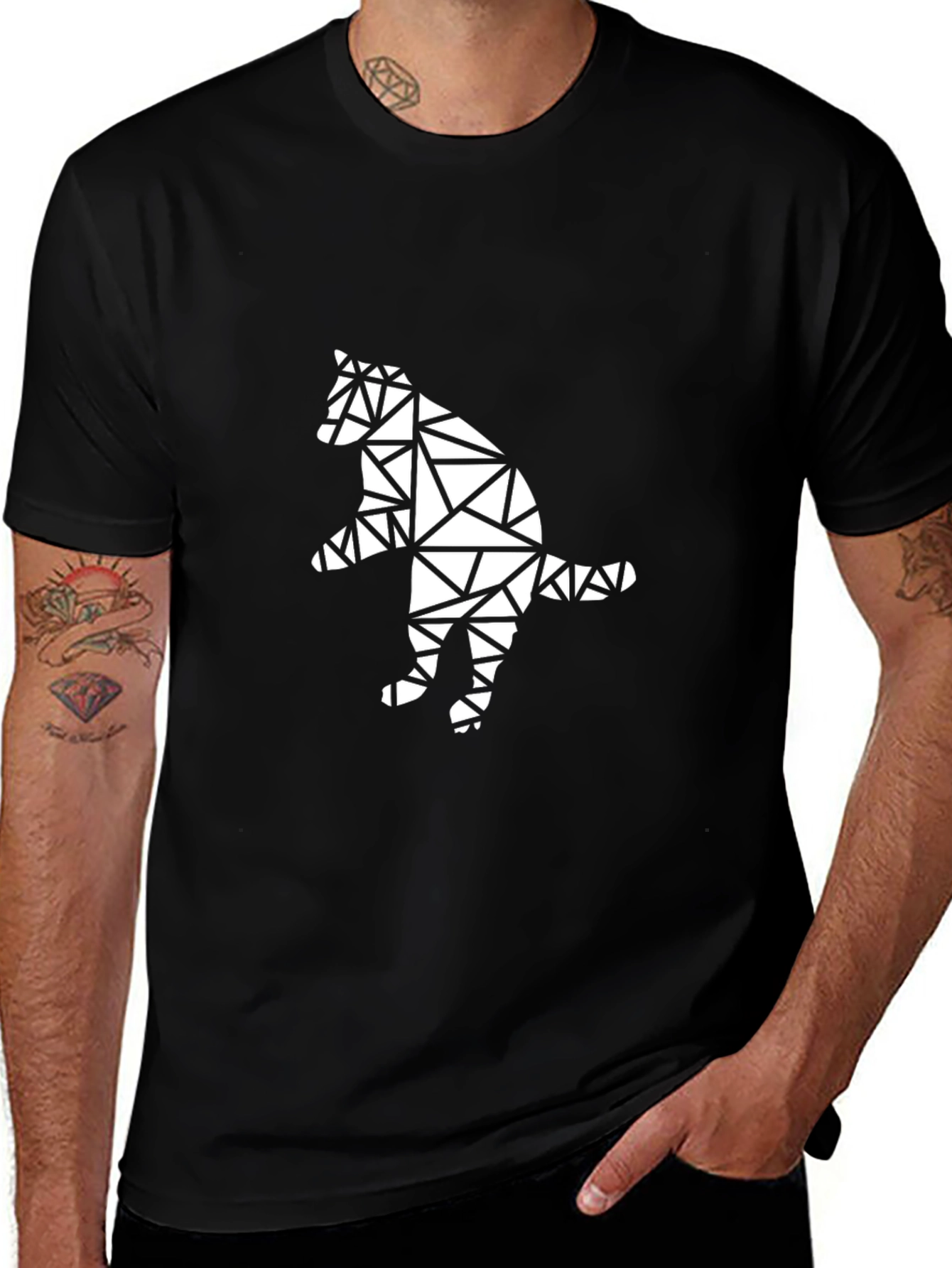Geometric Cat Graphic Tee - Black Cotton T-Shirt