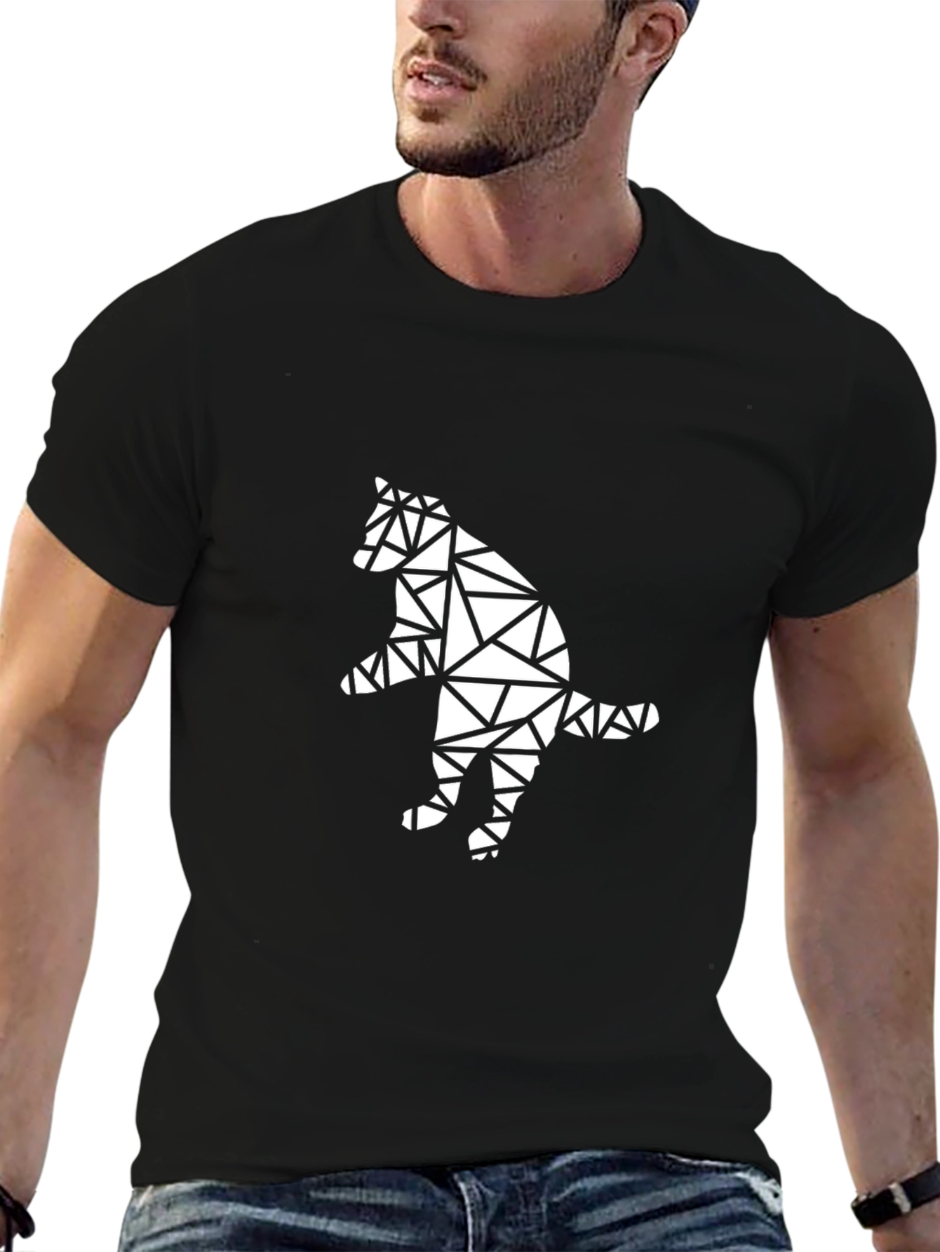 Geometric Cat Graphic Tee - Black Cotton T-Shirt