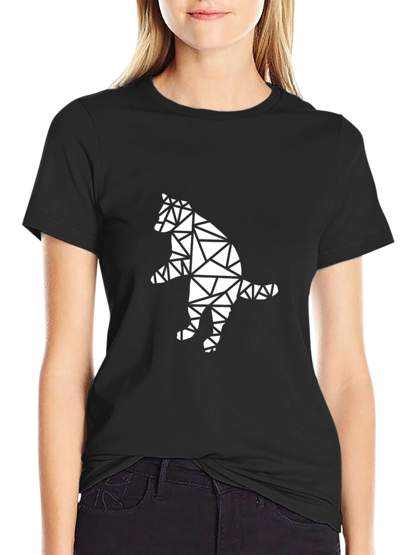 Geometric Cat Graphic Tee - Black Cotton T-Shirt