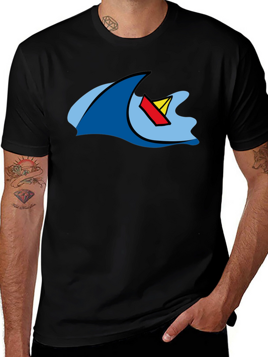 Cartoon Wave & Boat Black T-Shirt