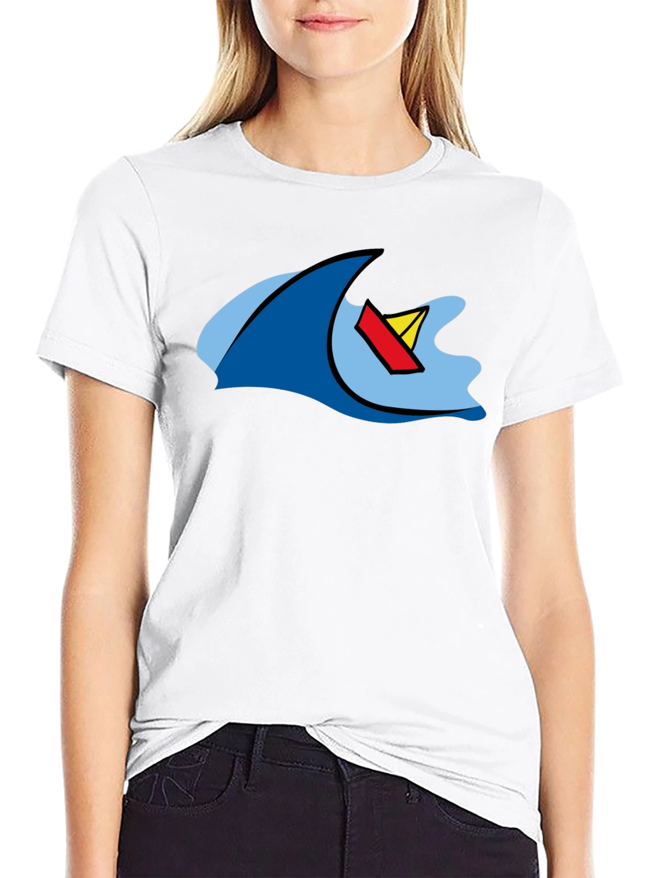 Cartoon Wave & Boat Black T-Shirt