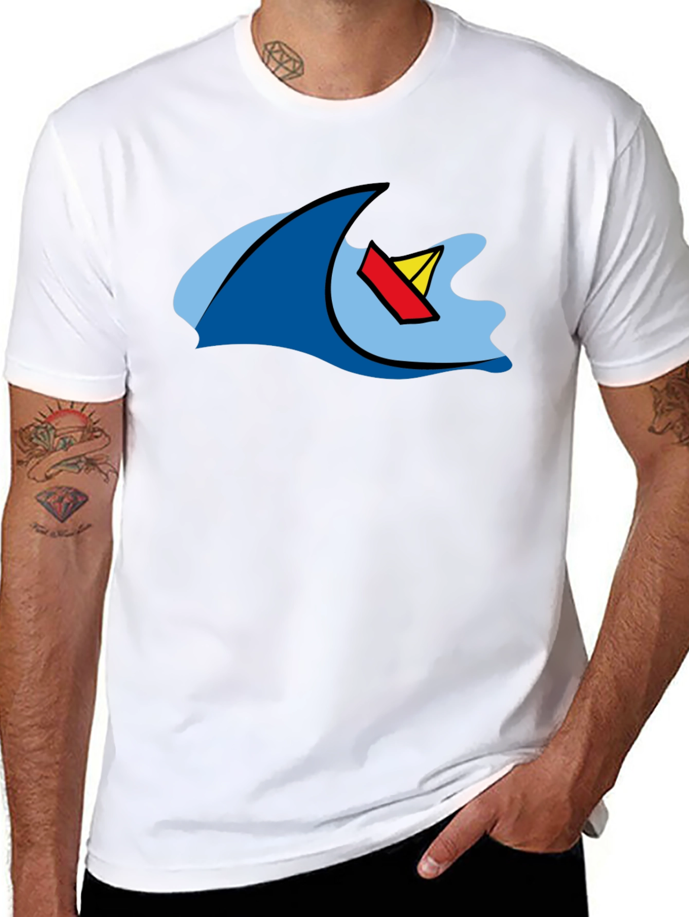 Cartoon Wave & Boat Black T-Shirt