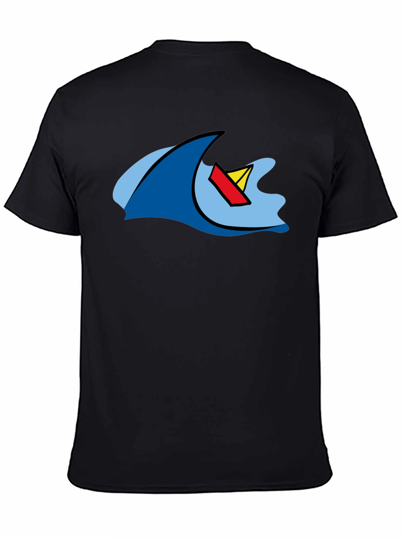 Cartoon Wave & Boat Black T-Shirt
