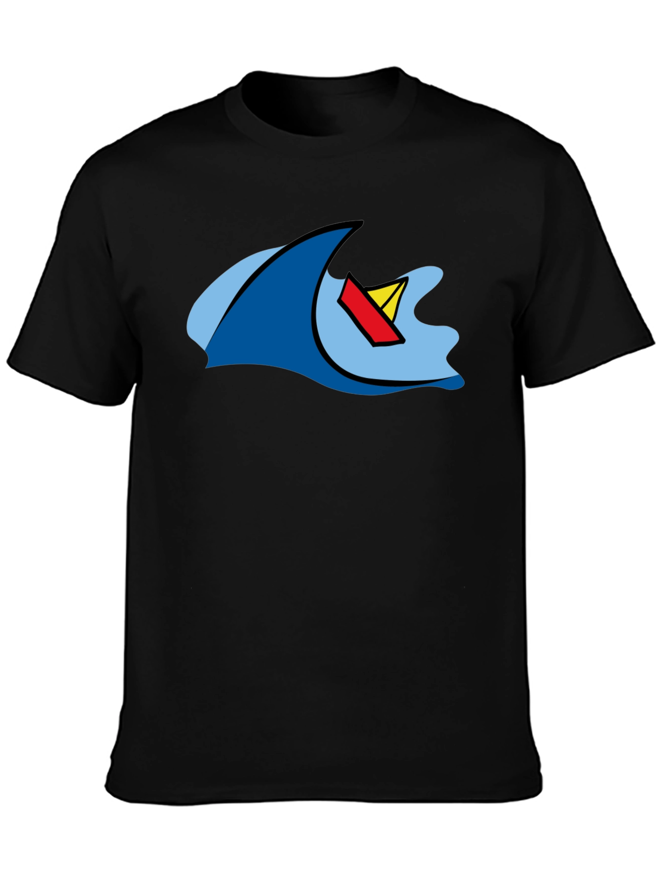 Cartoon Wave & Boat Black T-Shirt